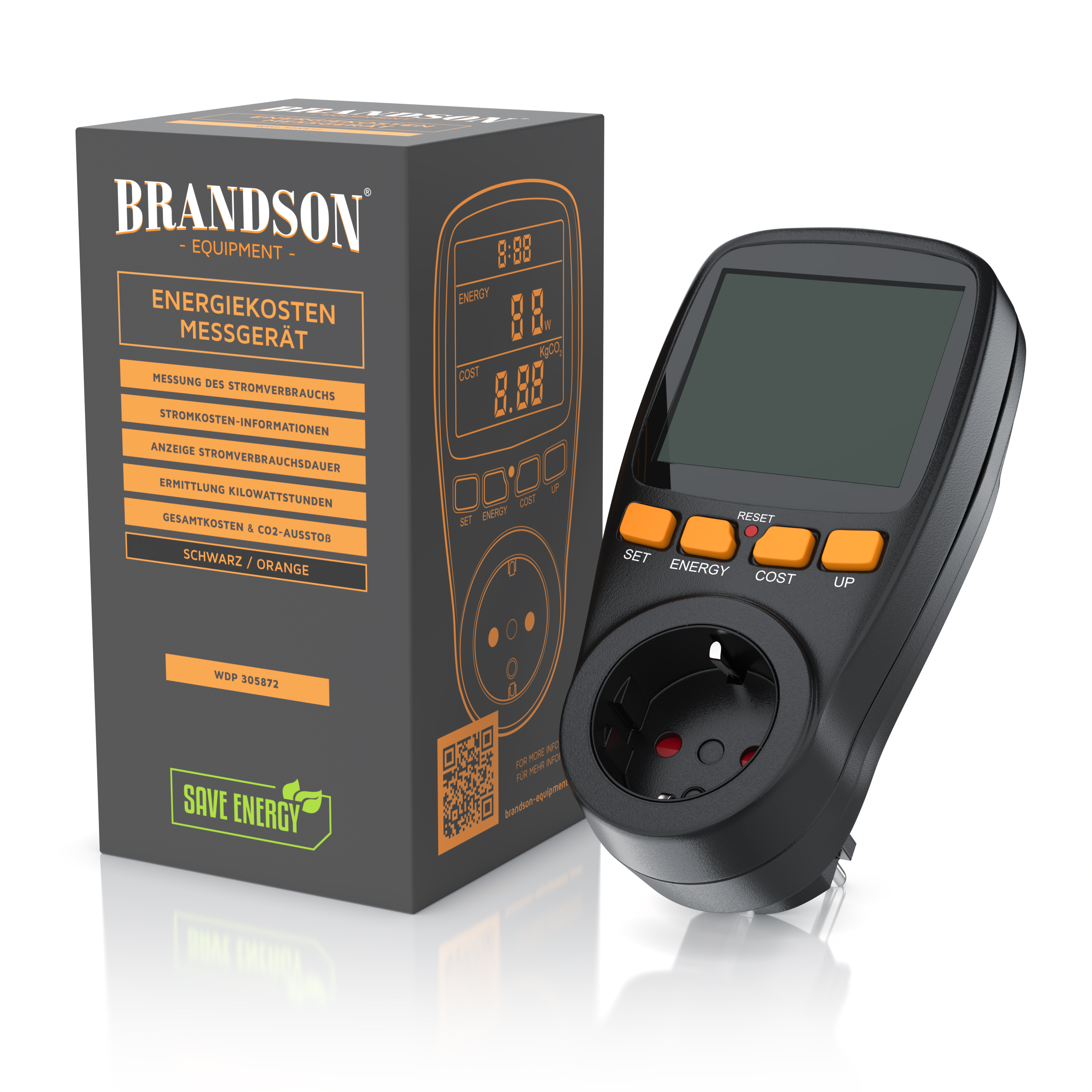 Brandson Energiekosten Messgerät in Schwarz und Orange mit digitalem Display und Bedienfeld zur Messung des Stromverbrauchs.