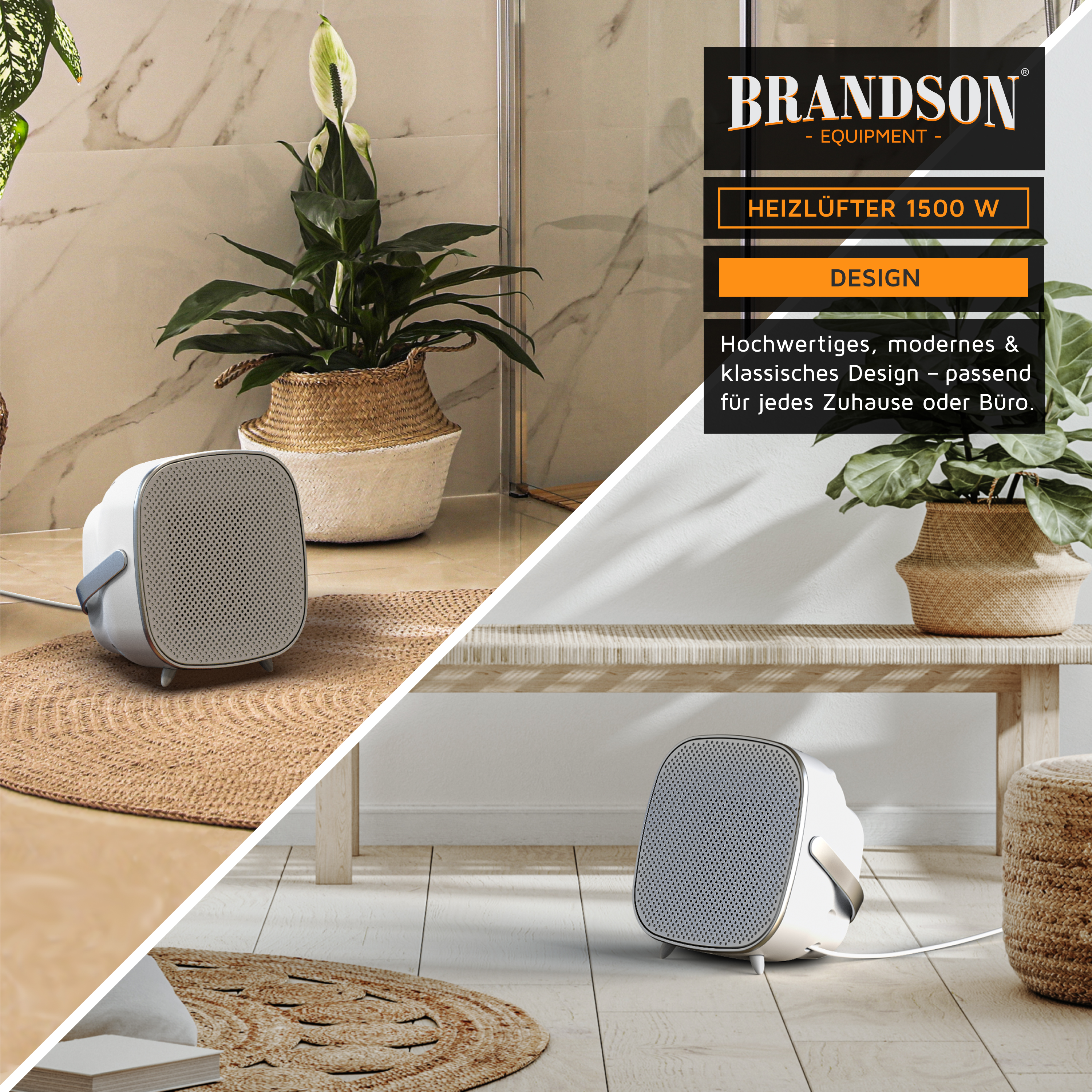 Brandson Heizlüfter mit modernem Design, weißer Gehäusefarbe, runder Form und sichtbarem Bedienfeld, ideal für Zuhause oder Büro.