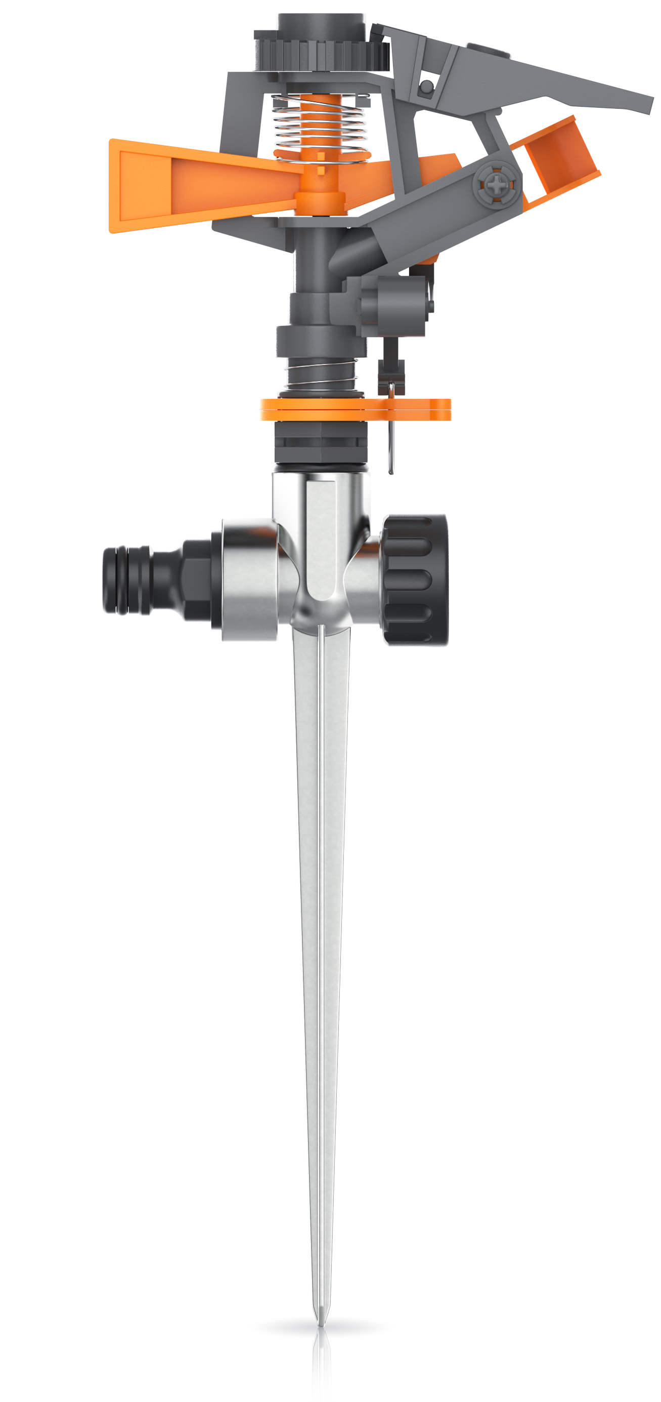 Brandson Sprinkler mit orangefarbenen Spritzdüsen und verstellbarem Wasserstrahl, montiert auf einem stabilen Metallspieß.