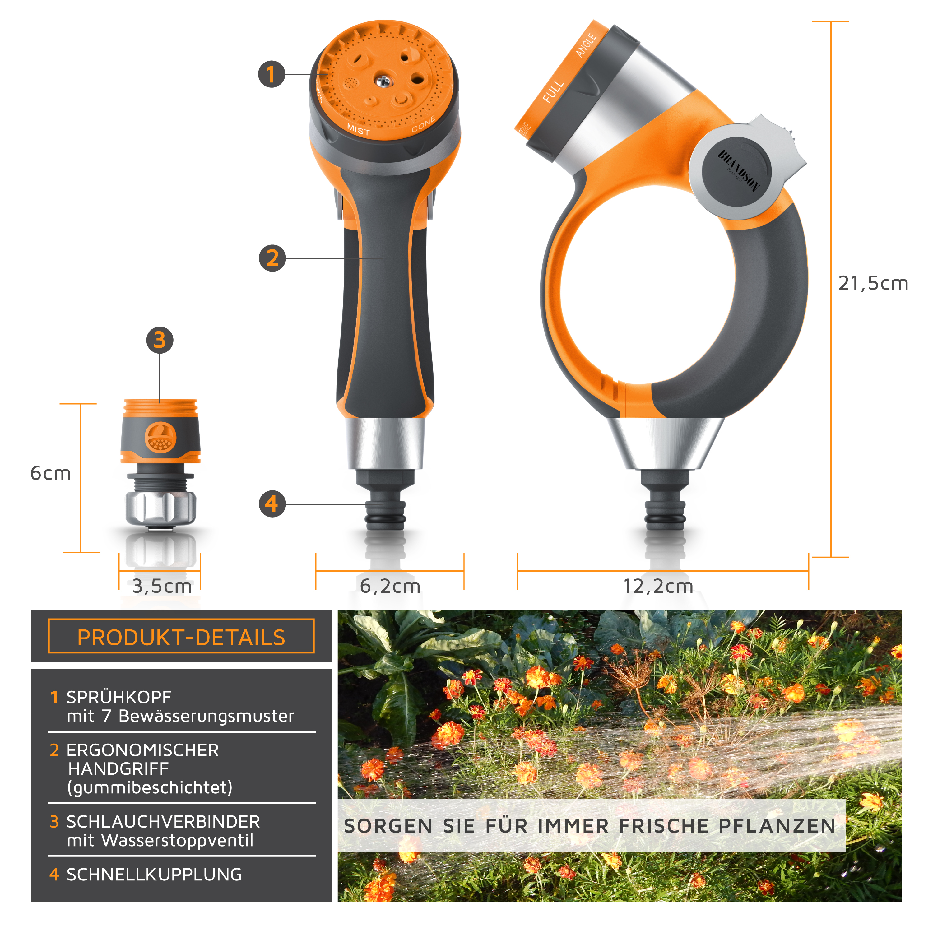 Gartenschlauchdüse von Brandson mit ergonomischem Griff, 7 Bewässerungsmustern und Schnellkupplung zur einfachen Befestigung.