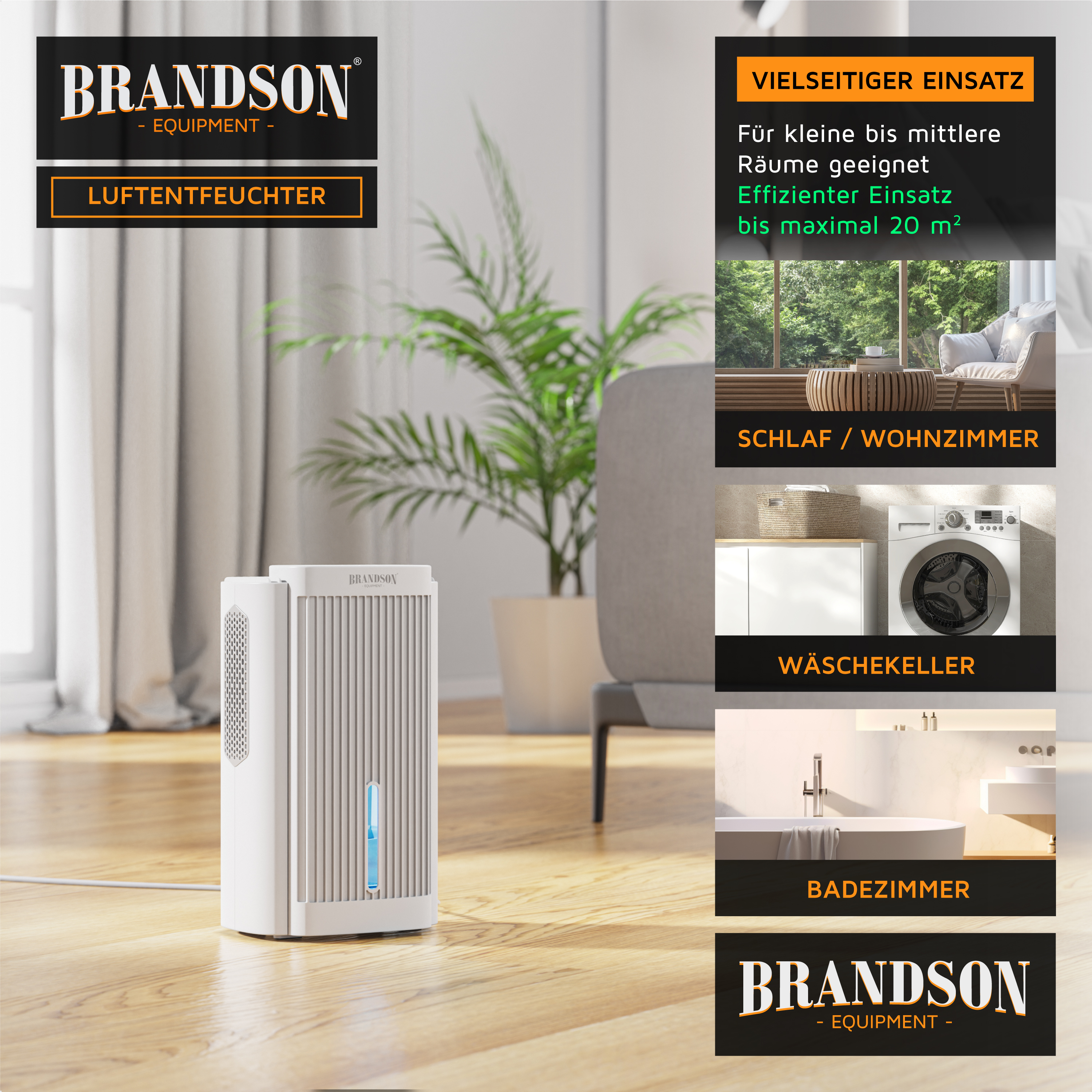 Brandson Luftentfeuchter im modernen Design, weiß mit blauen Akzenten, geeignet für kleine bis mittlere Räume, auf Holzboden platziert.