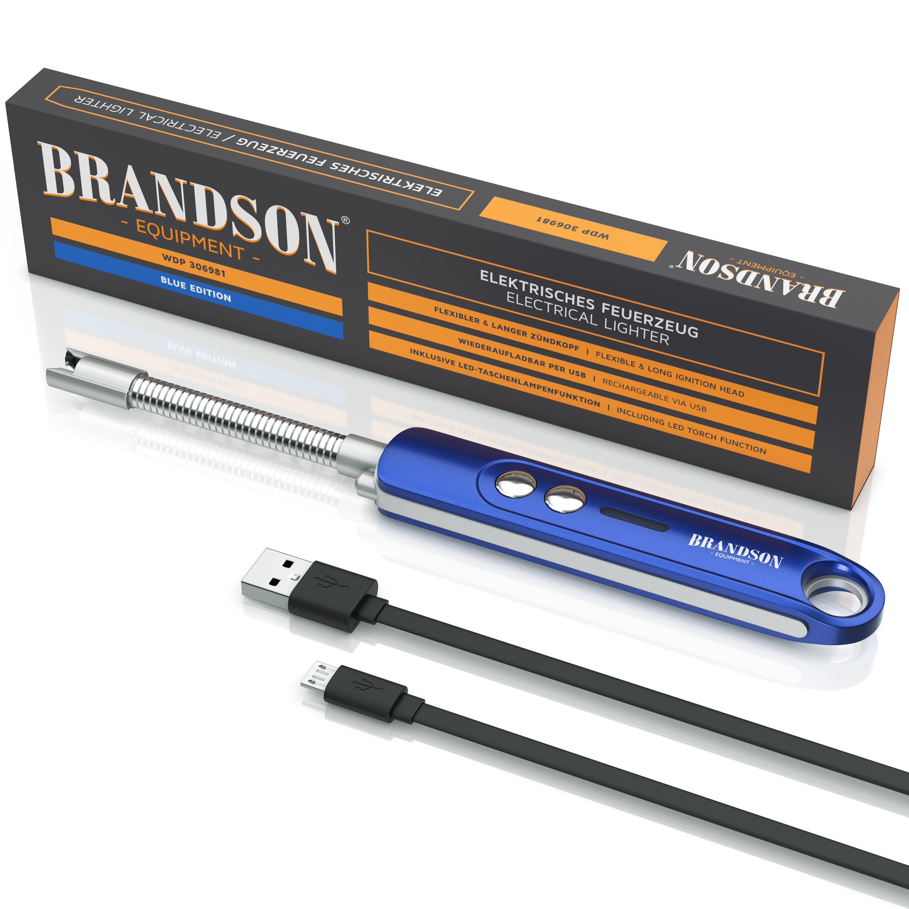 Brandson elektrisches Feuerzeug in Blau mit flexiblem Zündkopf, USB-Ladekabel und Verpackung.