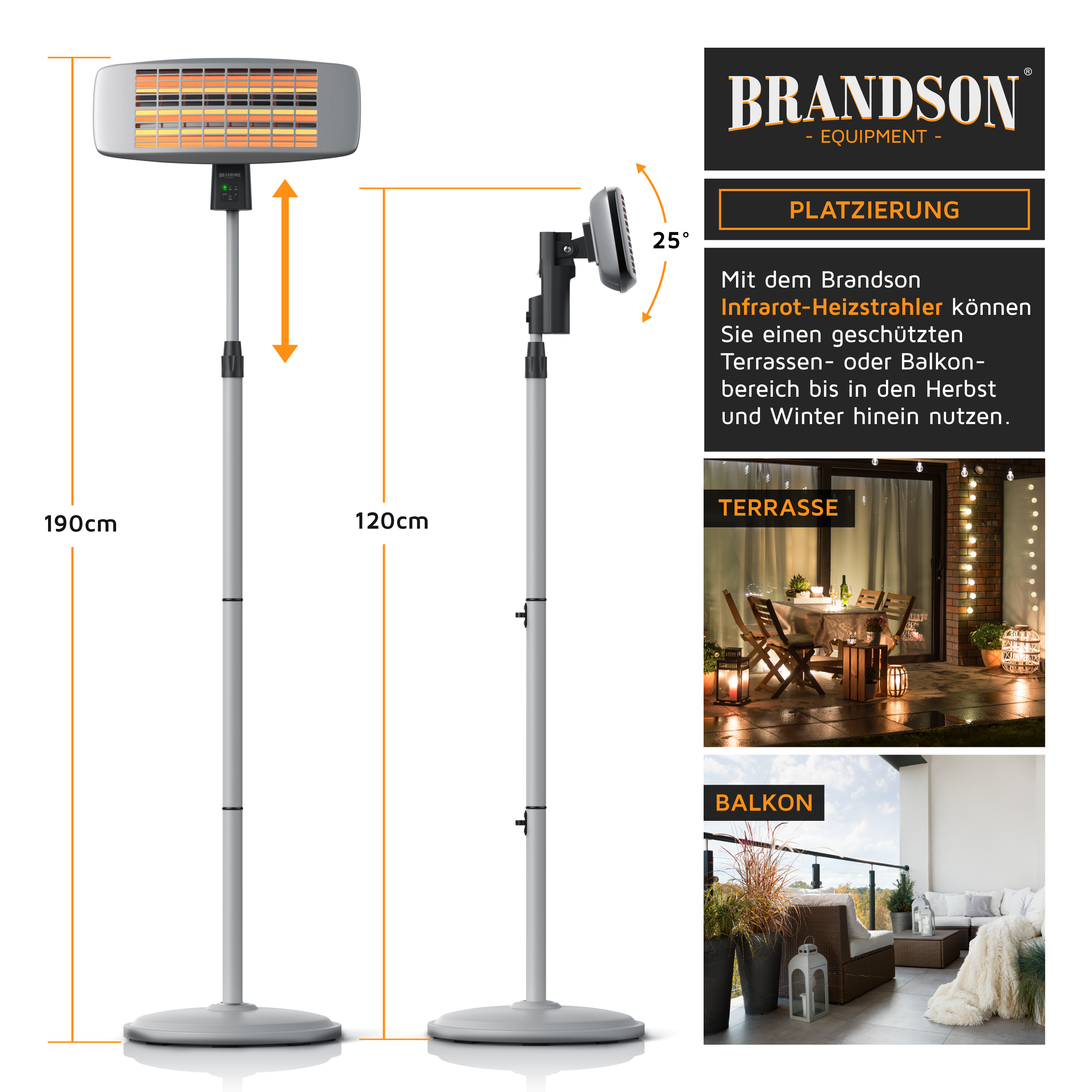 Brandson Infrarot-Heizstrahler mit verstellbarem Standfuß, silberner Farbe und digitalem Bedienfeld, geeignet für Terrasse und Balkon.