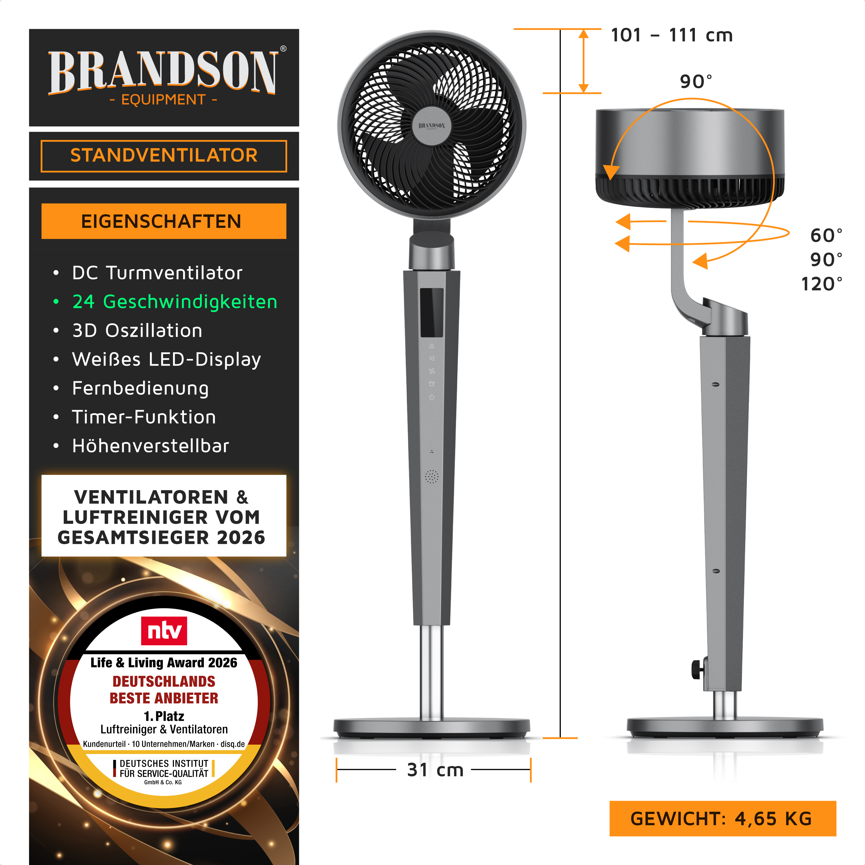 Standventilator von Brandson mit schlankem Design, schwarzen Ventilatorflügeln, silbernem Gehäuse, LED-Anzeige, Fernbedienung und einstellbarer Höhe.