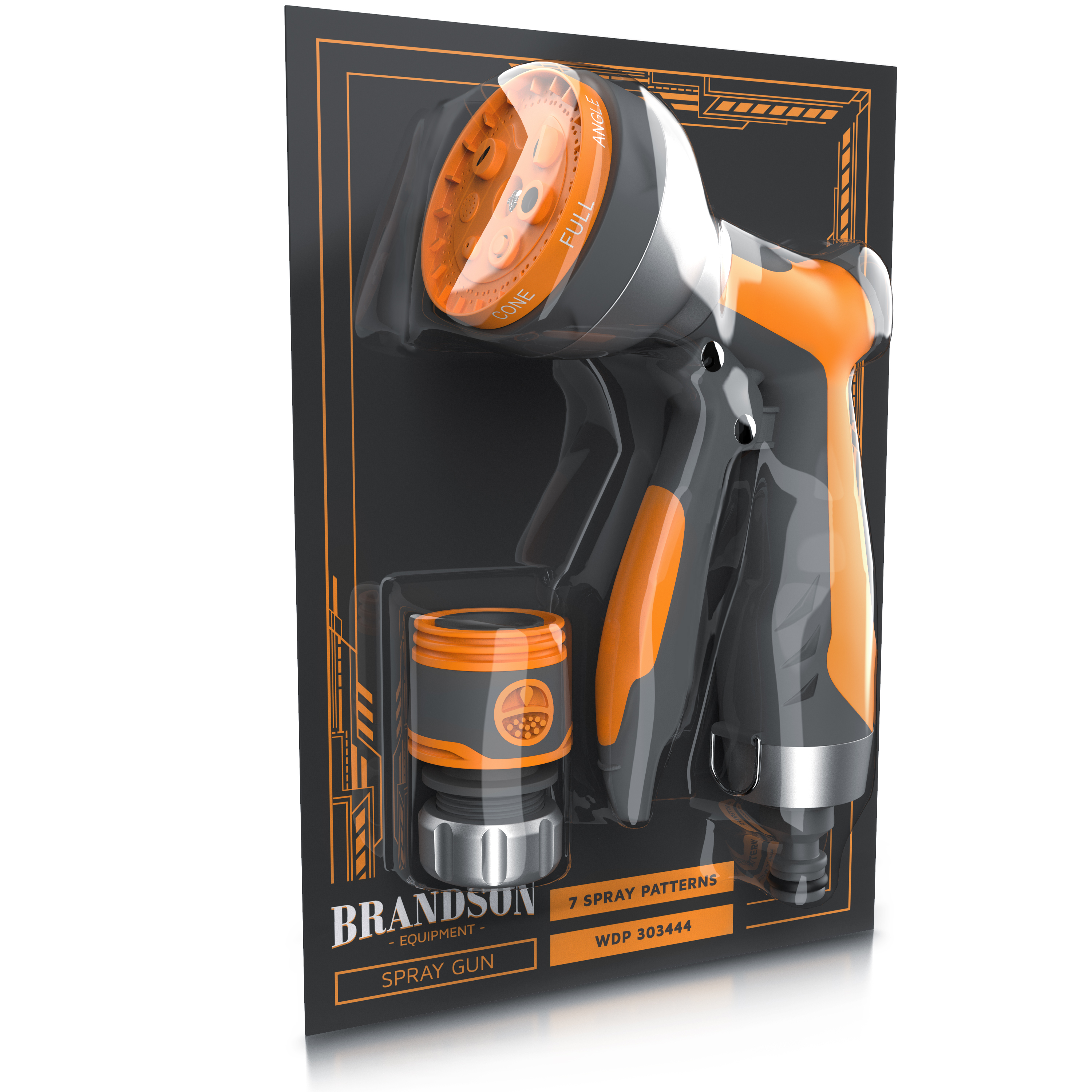 Brandson-Spritzpistole mit ergonomischem Griff, orange-grauem Farbschema und einstellbaren Sprühmustern, verpackt zur Verkaufspräsentation.
