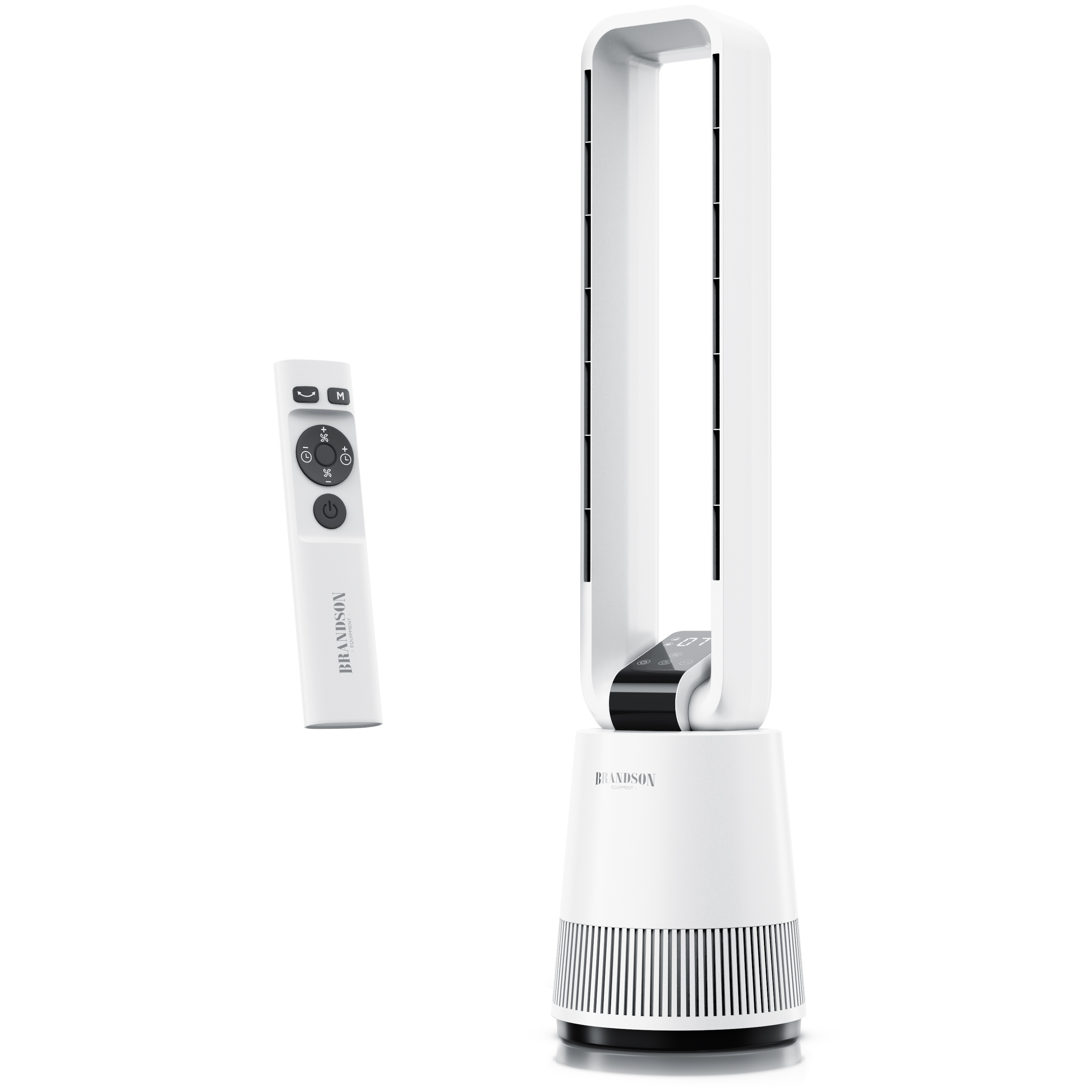 Brandson Turmventilator in Weiß mit elegantem Design, Digitalanzeige, Fernbedienung und stabilem Standfuß.