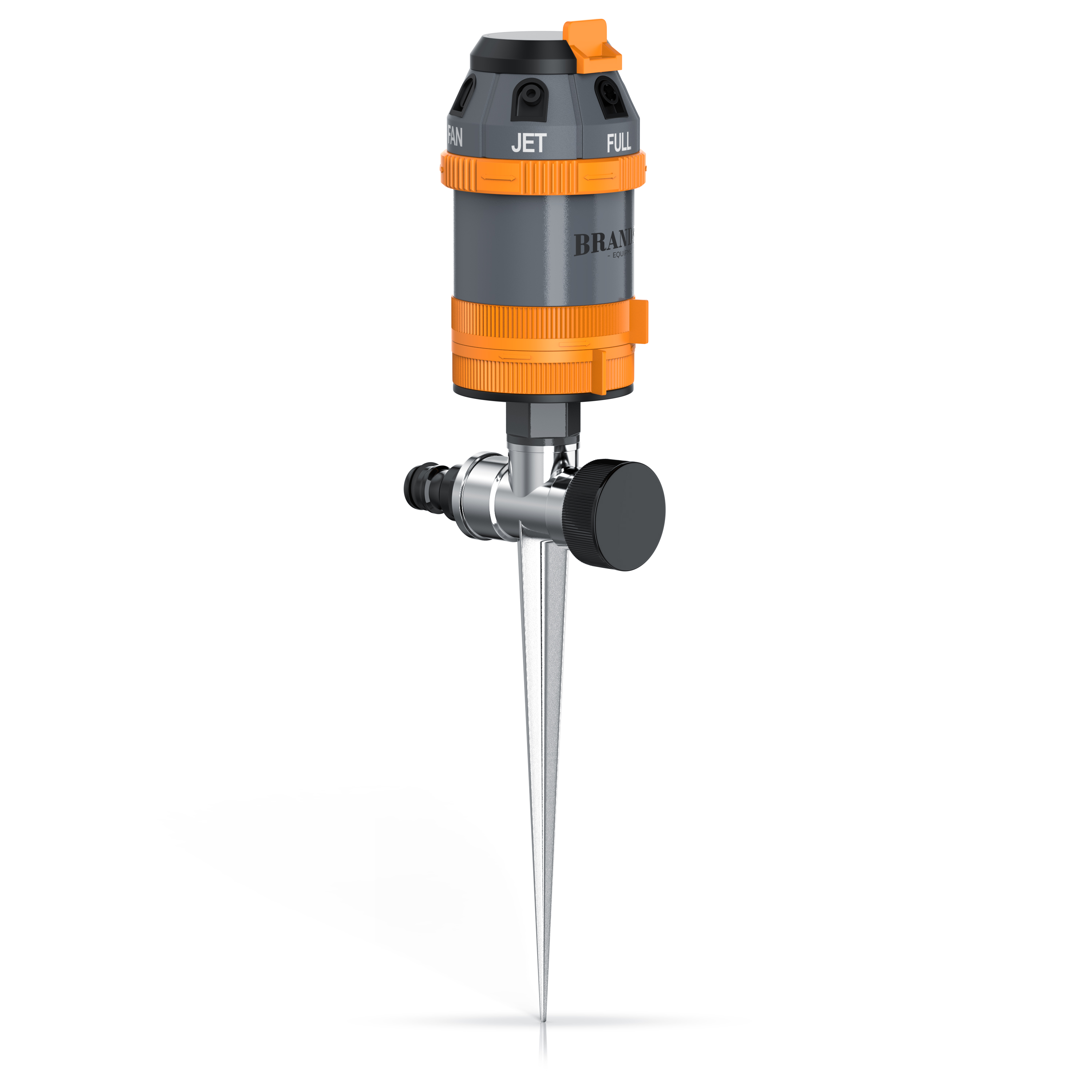 Brandson Sprinkler mit grauem und orangefarbenem Gehäuse, verstellbarem Wasserstrahl und stabiler Erdspitze für einfache Anwendung im Garten.