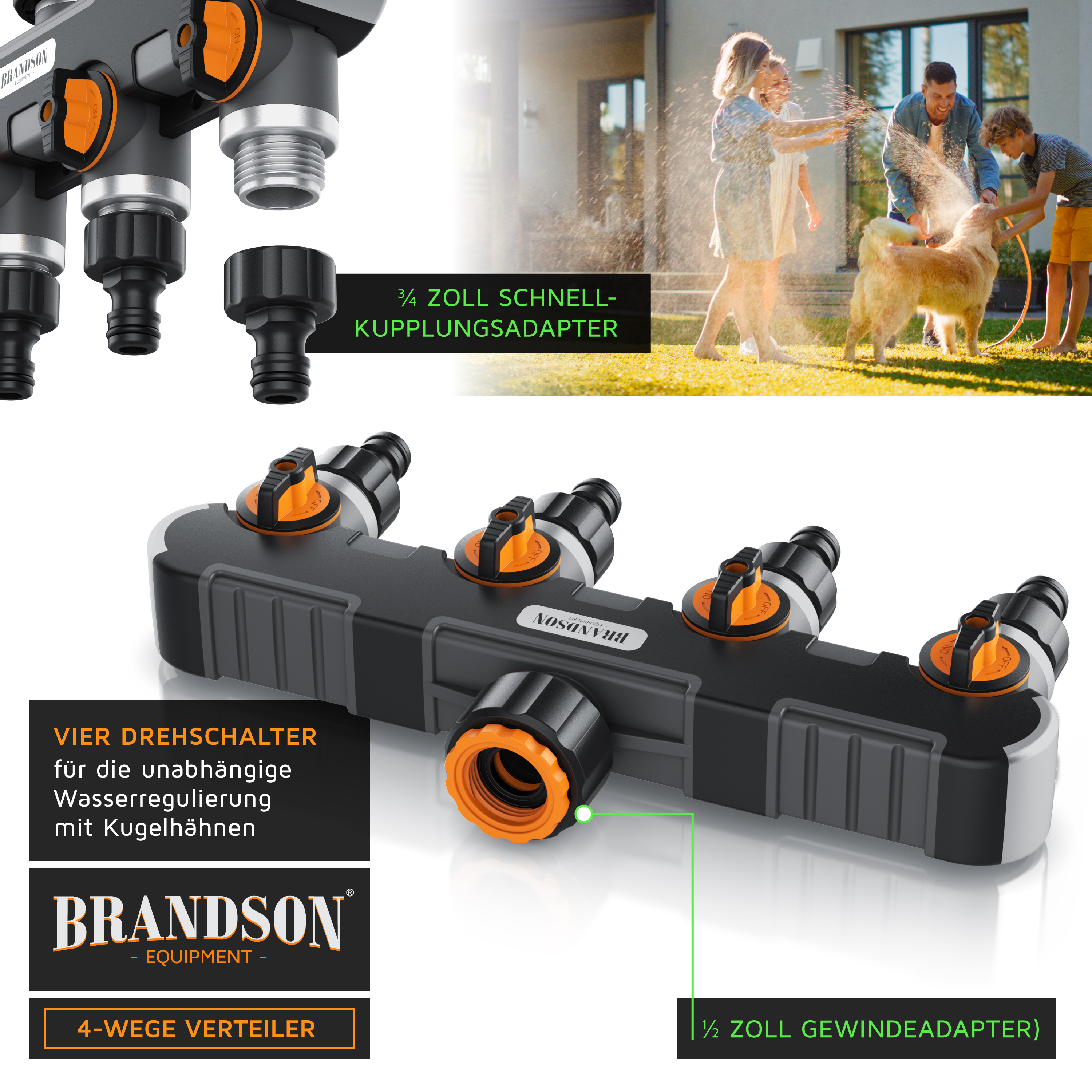 Brandson 4-Wege-Verteiler mit vier einstellbaren Ventilen, Schnellkupplungsadaptern und einem robusten Design für unabhängige Wasserregulierung.
