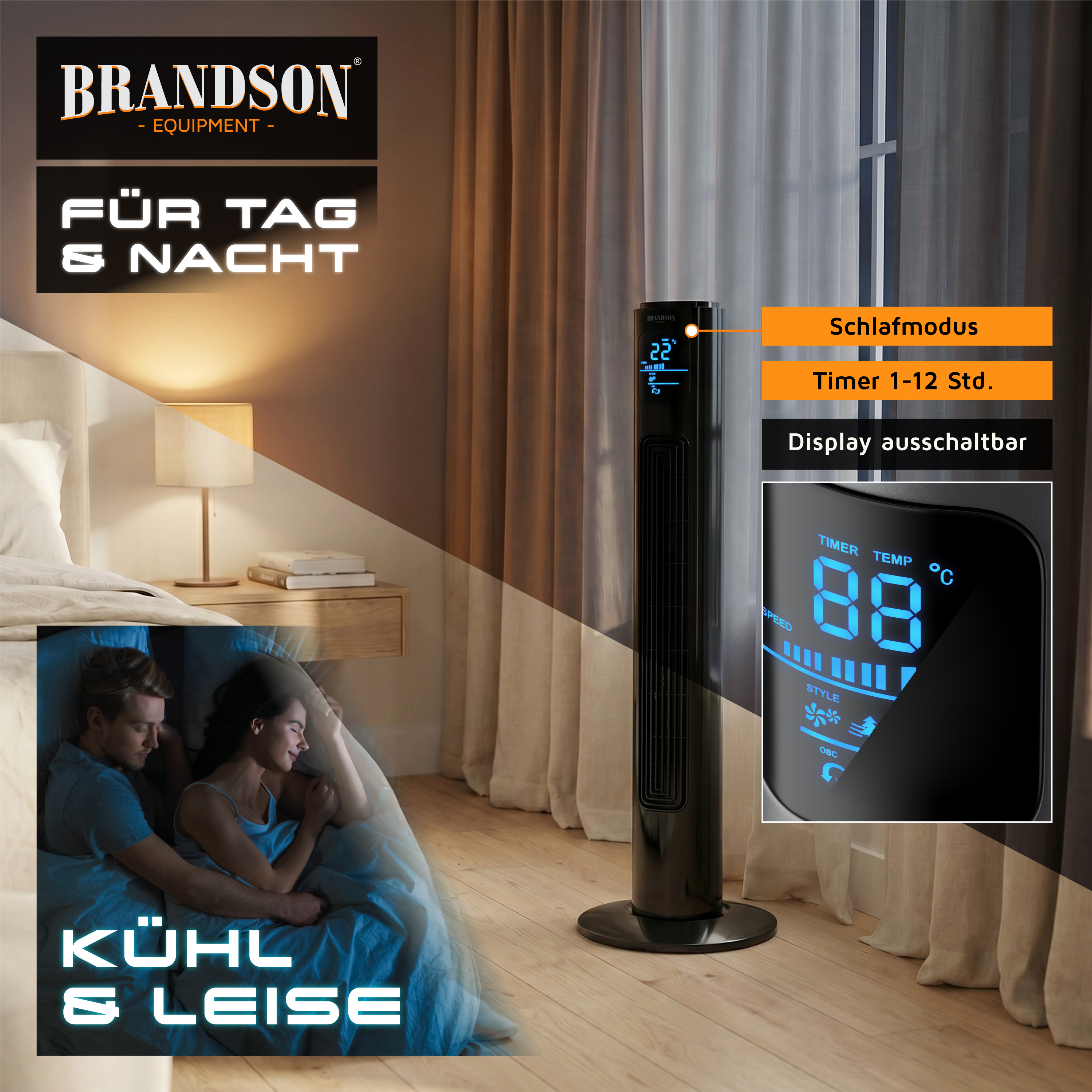 Brandson-Turmventilator in einem modernen Schlafzimmer mit elegantem schwarzem Design, Digitalanzeige und Fernbedienung für einfache Bedienung.