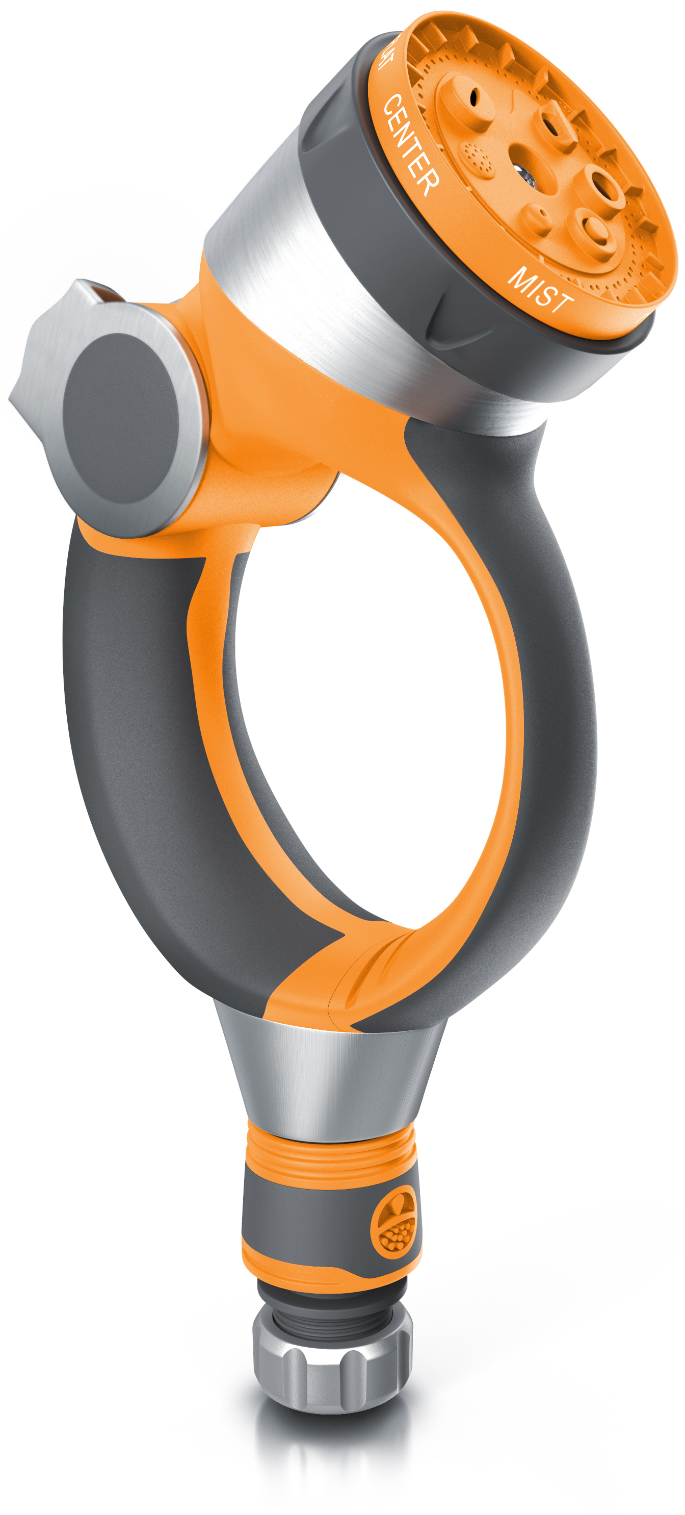 Brandson Sprühdüse mit ergonomischem Griff, orange und grau, verstellbarem Sprühmuster und Metallanschluss für Gartenschläuche.