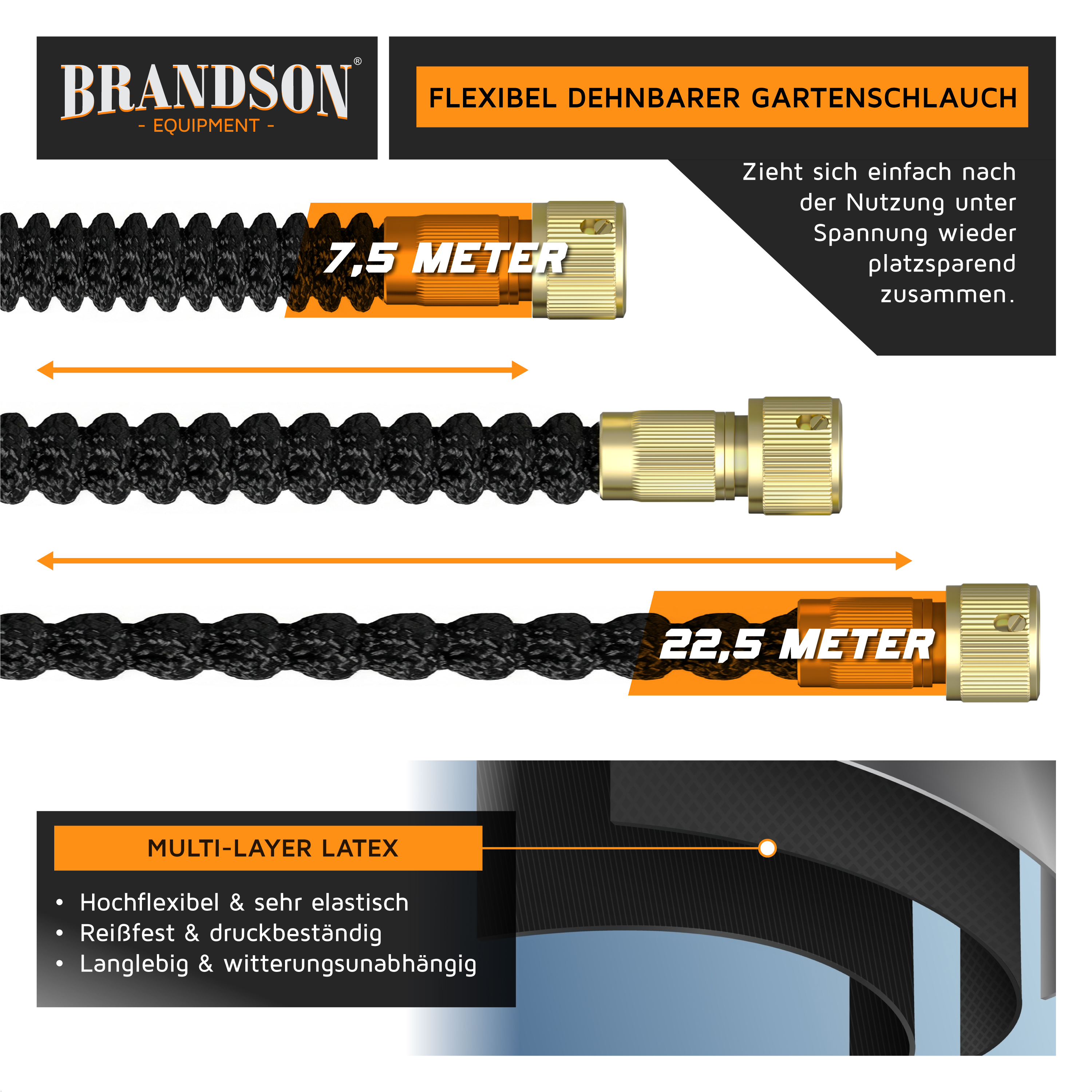 Brandson flexibler dehnbarer Gartenschlauch in Schwarz mit goldenen Anschlüssen, zeigt verschiedene Längen von 7,5 bis 22,5 Meter.
