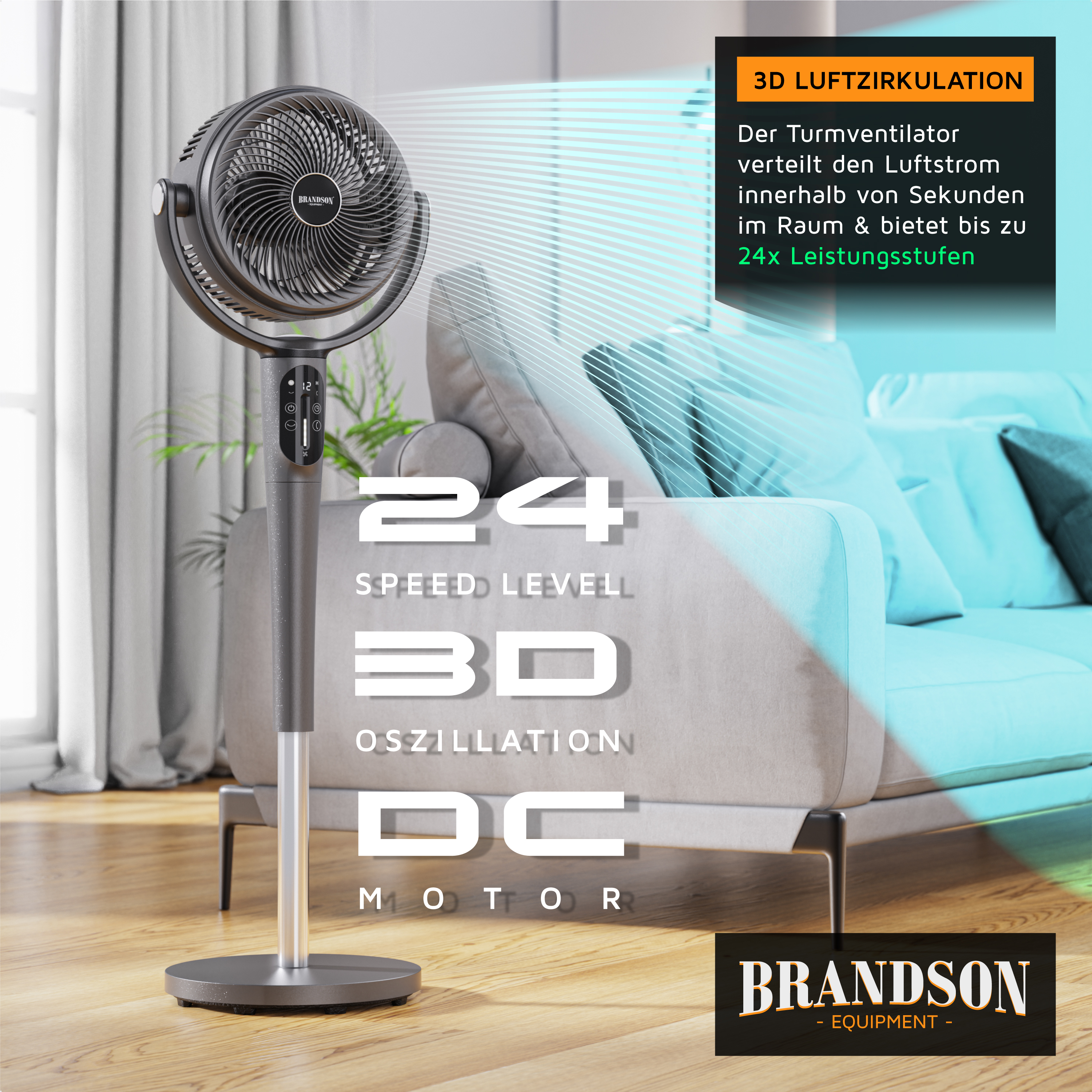 Brandson-Turmventilator mit schlankem Design, Fernbedienung, Digitalanzeige und stabilem Sockel, platziert in einem modernen Wohnzimmer.