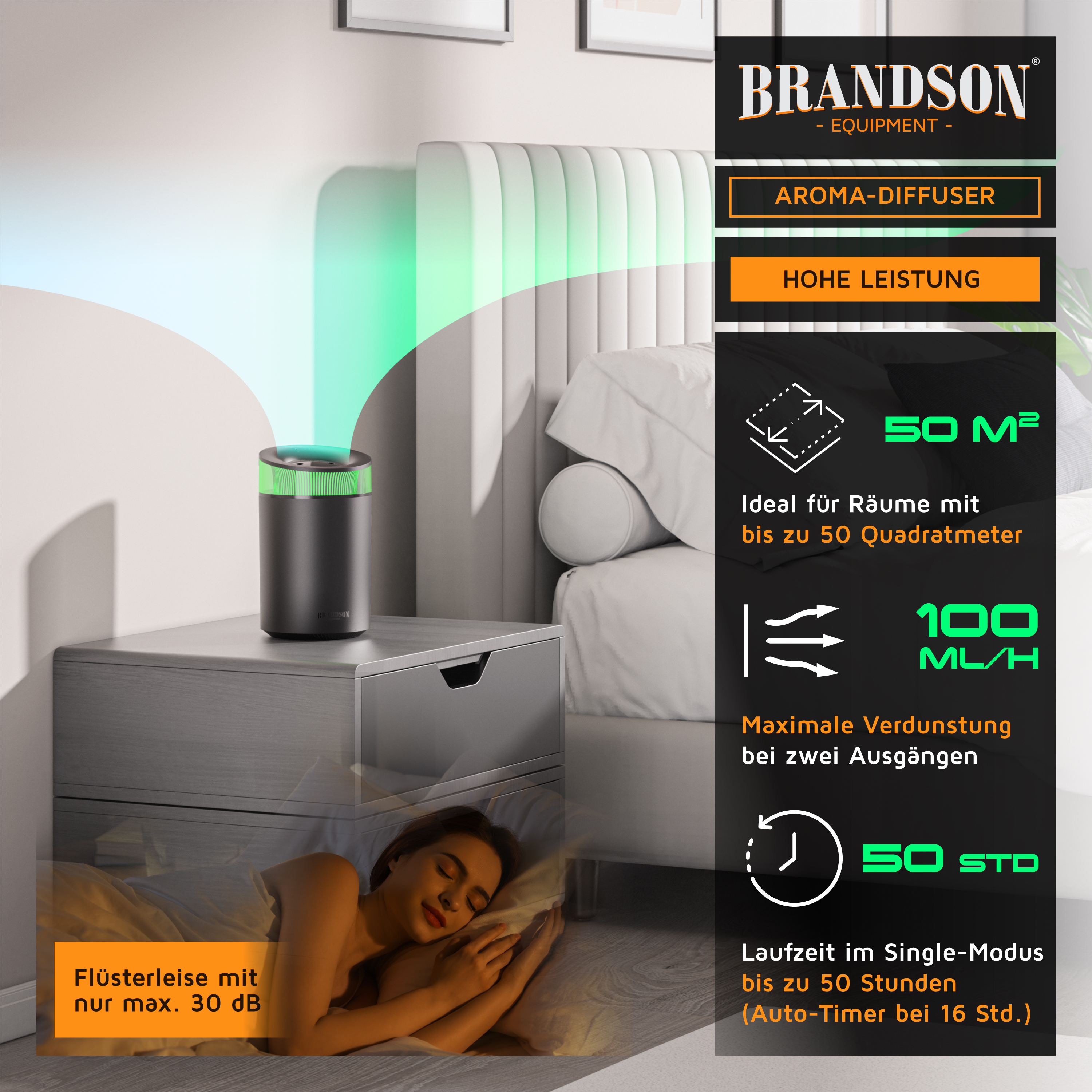 Der Brandson-Aromadiffusor in Schwarz mit grünen Akzenten wird auf einem Nachttisch platziert und verströmt einen farbenfrohen Nebel in einem gemütlichen Schlafzimmerambiente.