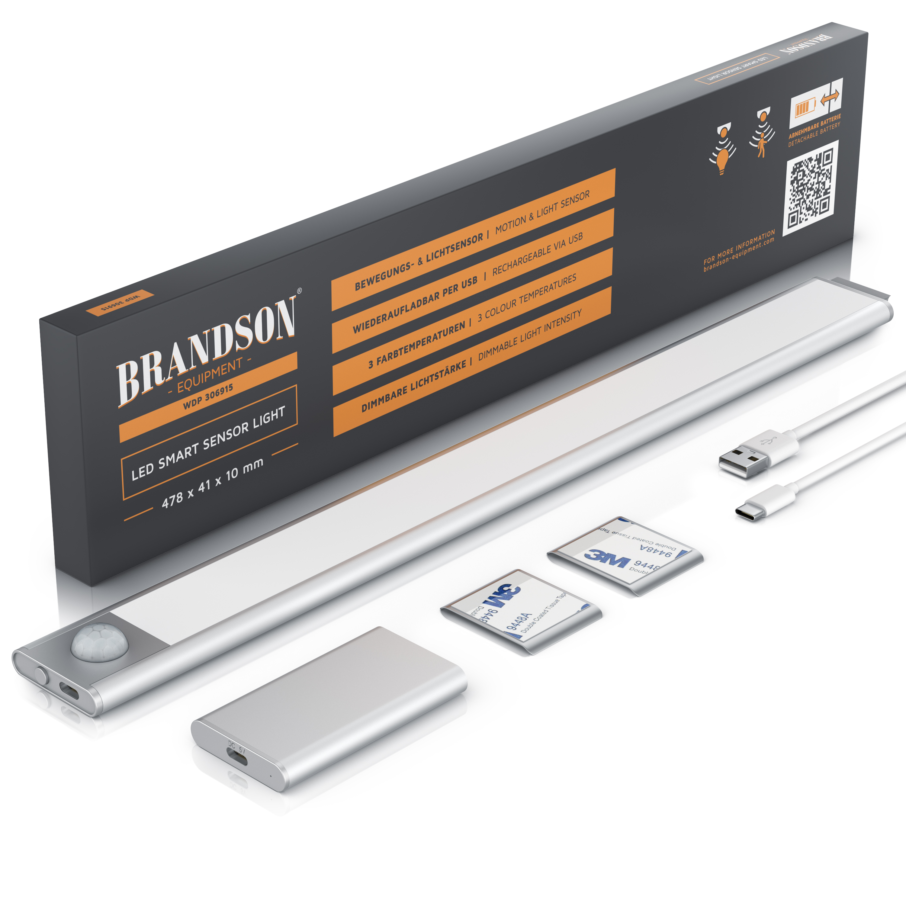 Brandson LED Smart Sensor Light in Silber mit Bewegungssensor, über USB wiederaufladbar, inklusive Batterien und Verpackung.