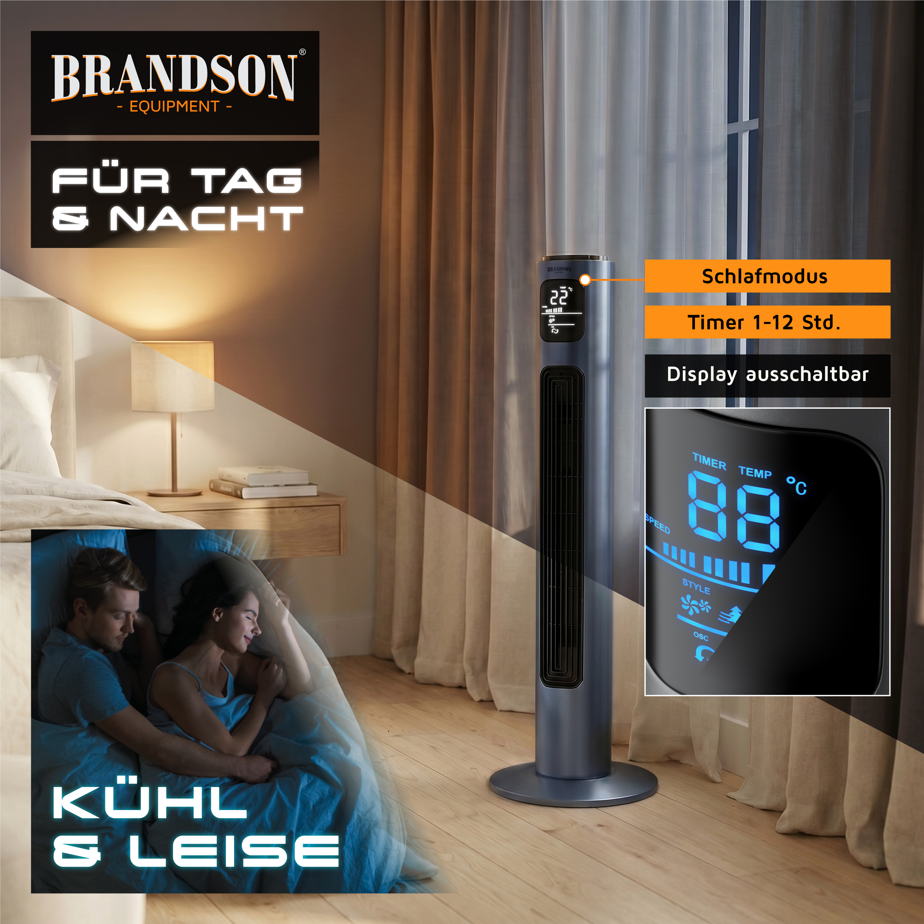 Brandson Turmventilator mit elegantem Design, Digitalanzeige, Timer-Funktion und Fernbedienung, platziert in einem gemütlichen Schlafzimmerambiente.