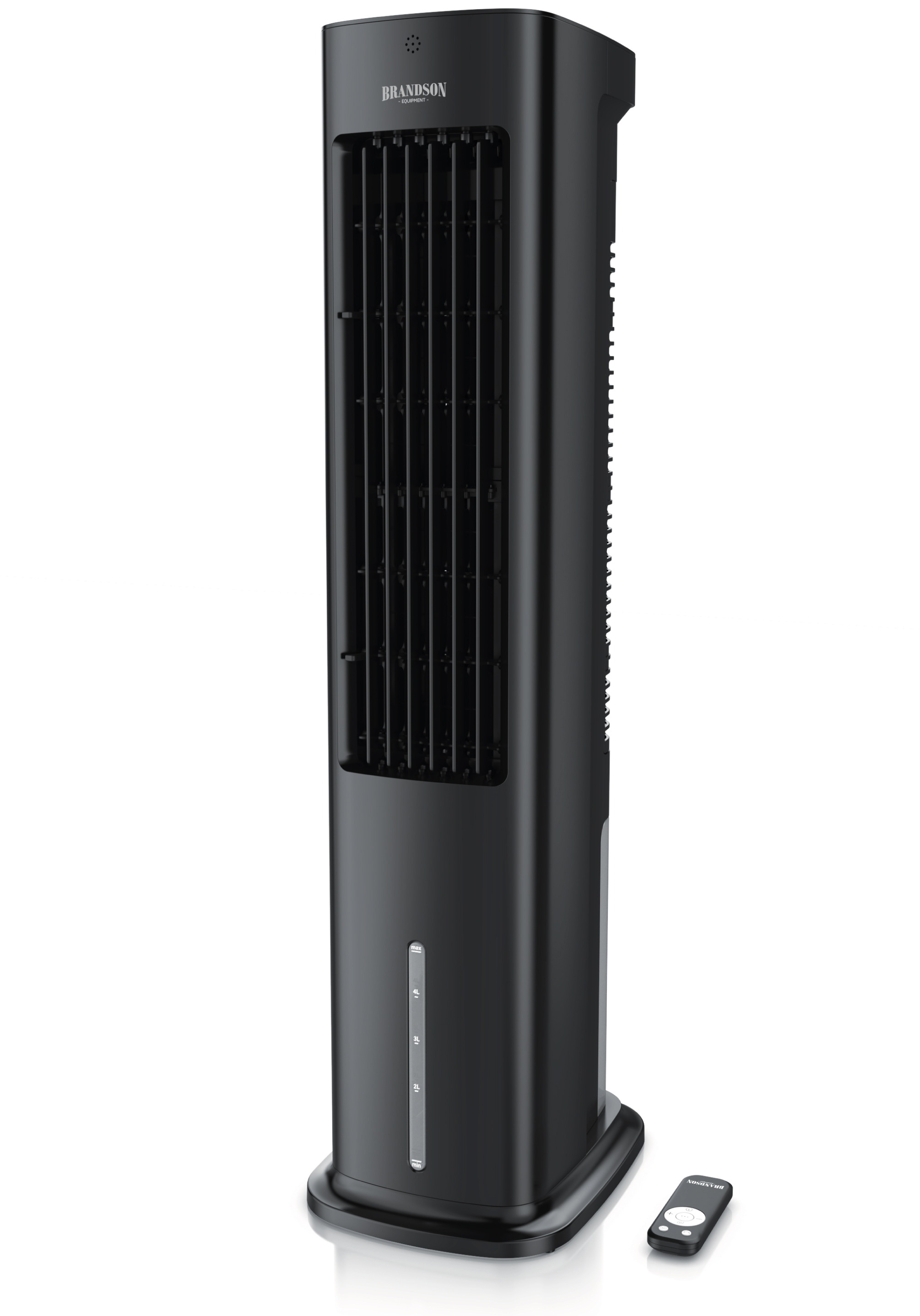 Brandson Turmventilator in Schwarz mit elegantem Design, Bedienfeld und Fernbedienung für einfache Bedienung.