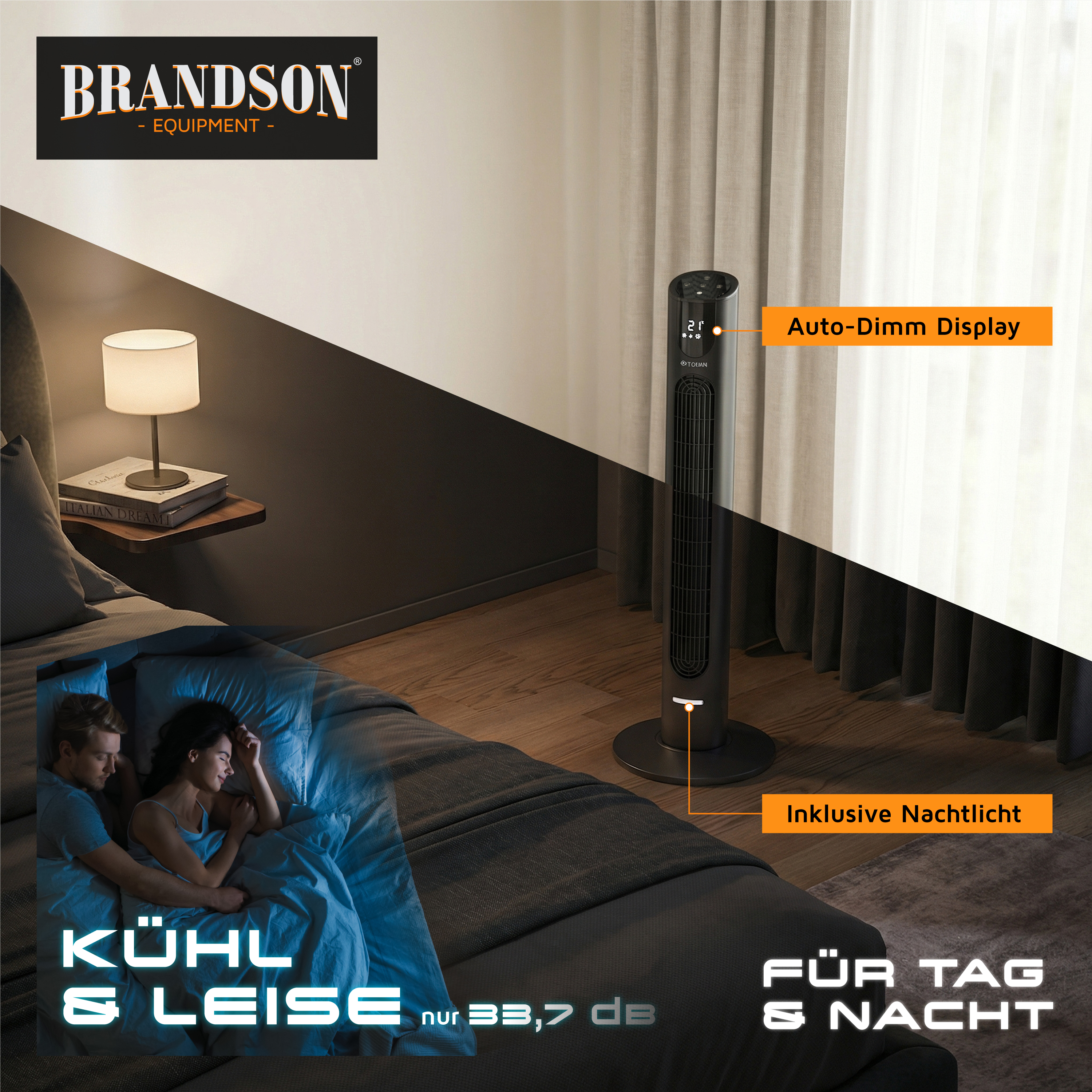 Brandson Turmventilator in Schwarz mit Auto-Dimm-Display und Nachtlicht, ideal für die Schlafzimmernutzung.