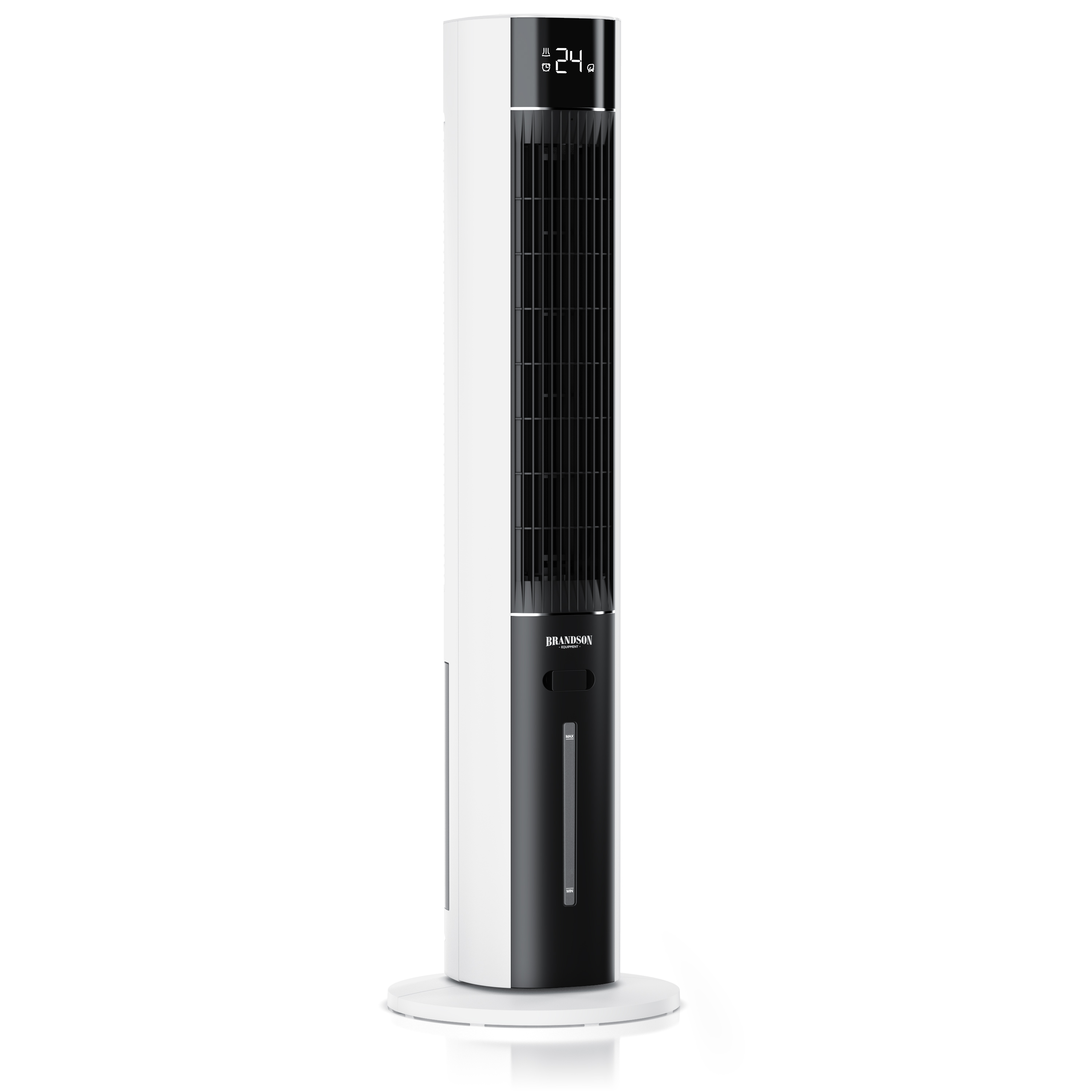 Brandson Turmventilator in Weiß mit digitalem Display und Bedienfeld, schlankem Design und stabiler Standbasis.