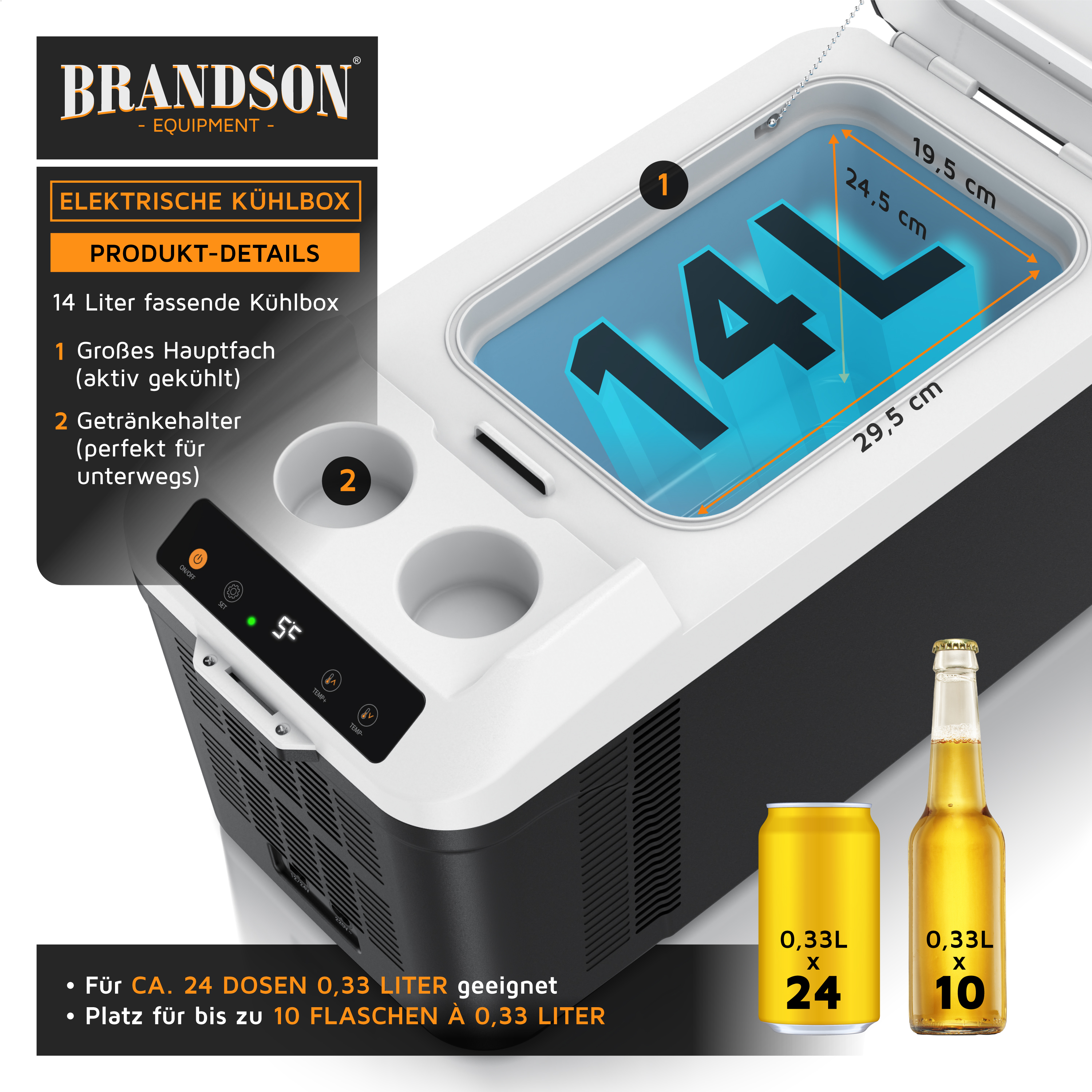 Brandson elektrische Kühlbox mit 14 Litern, aktiv gekühlt, zwei Getränkehaltern und digitalem Display.