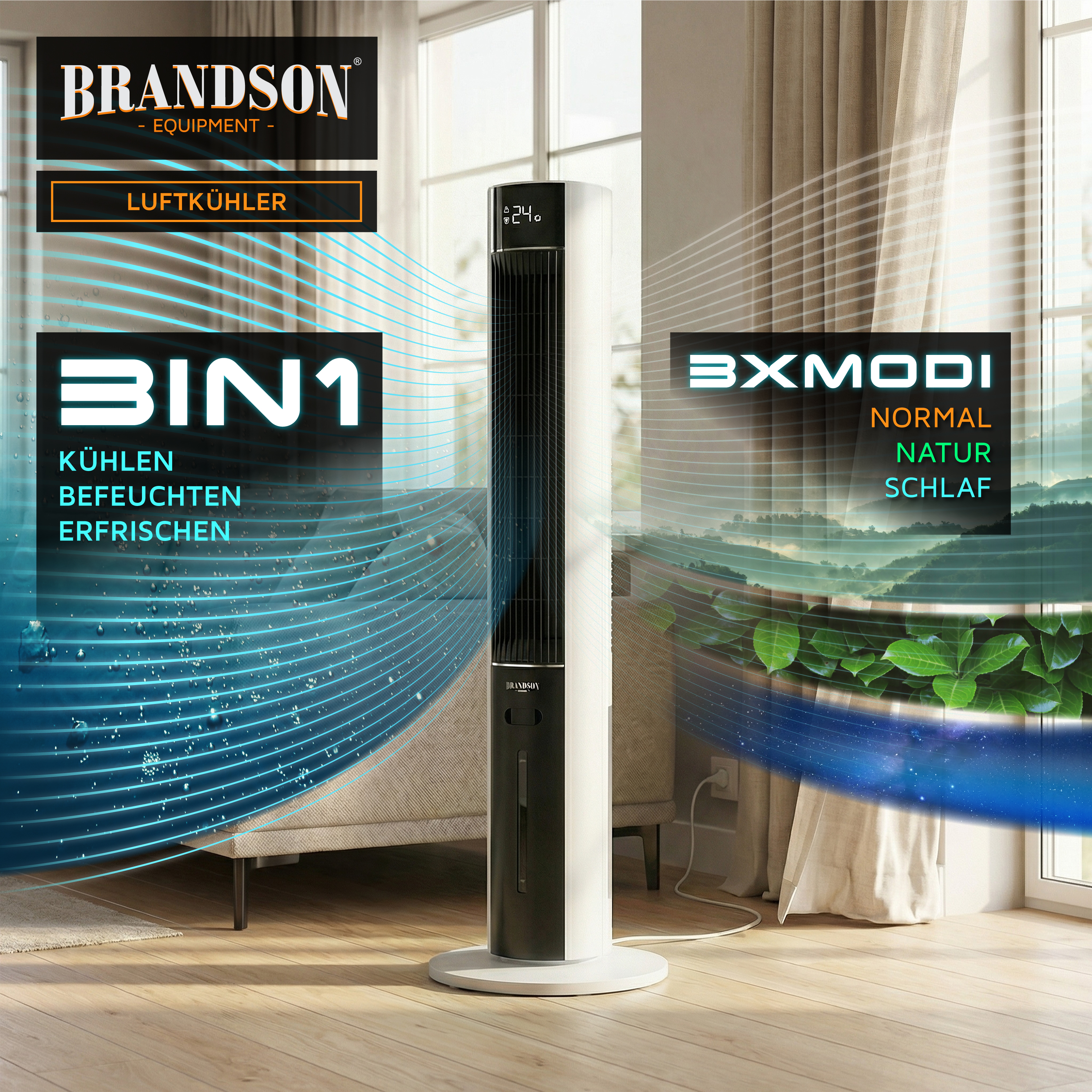Brandson Luftkühler in schlanker Bauform, weiß mit schwarzem Bedienfeld und digitalem Display, ideal für Wohnräume.