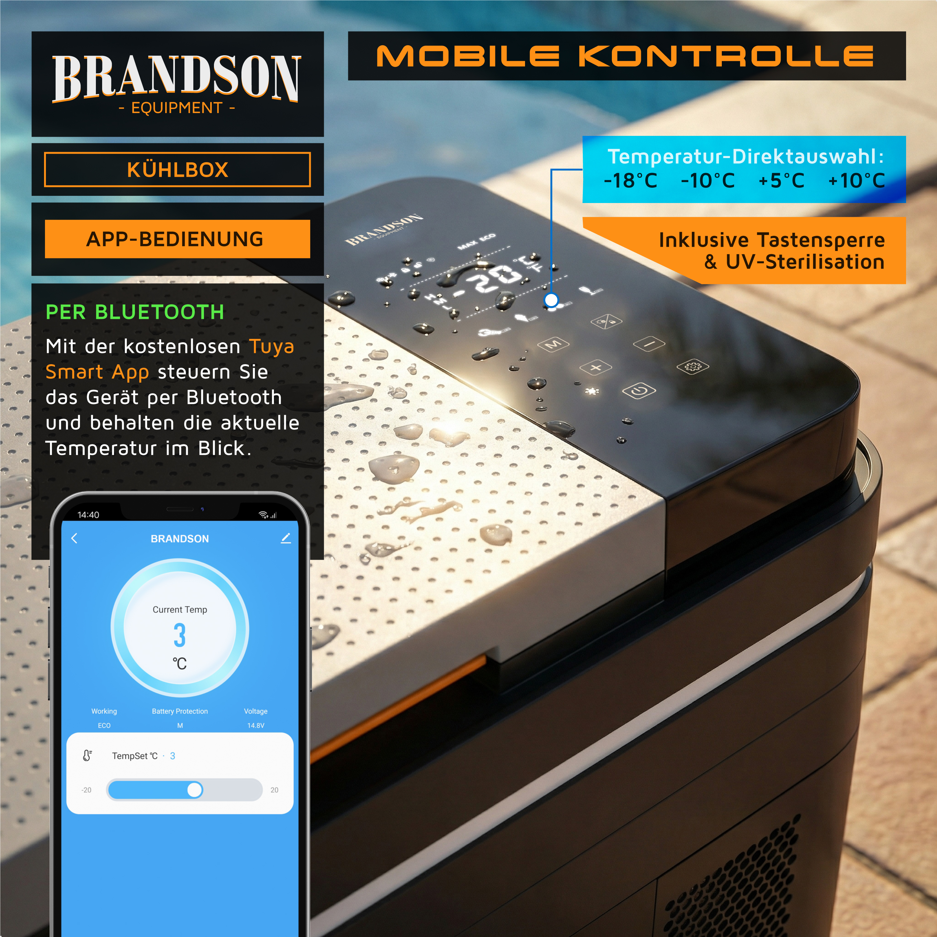 Brandson Kühlbox mit mobiler Kontrolle über die Tuya Smart App, wasserdichtem Bedienfeld und Temperaturanzeige.