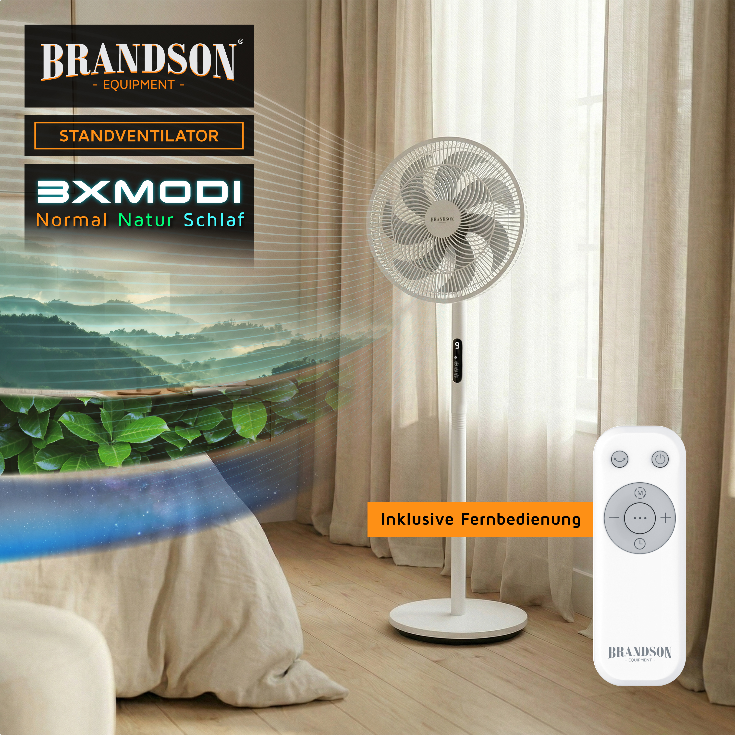 Brandson-Standventilator mit elegantem weißem Design, Fernbedienung und mehreren Modi, die in einem hellen Wohnzimmerambiente angezeigt werden.