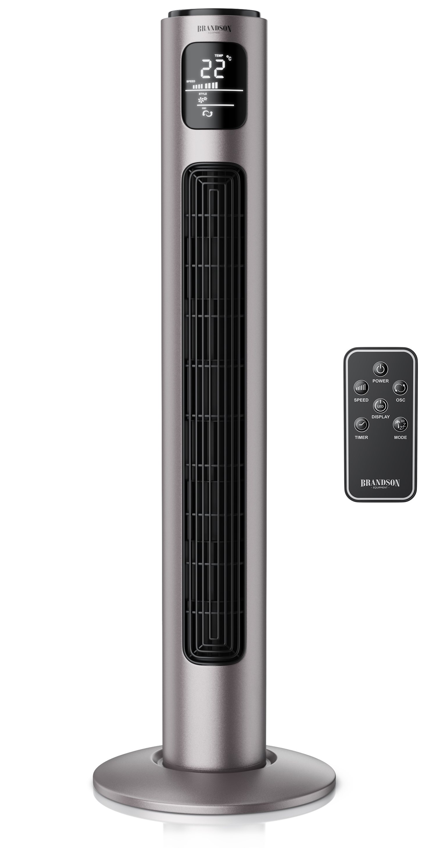 Brandson Turmventilator in Silber mit Digitalanzeige und Fernbedienung, elegantem Design und stabilem Standfuß.