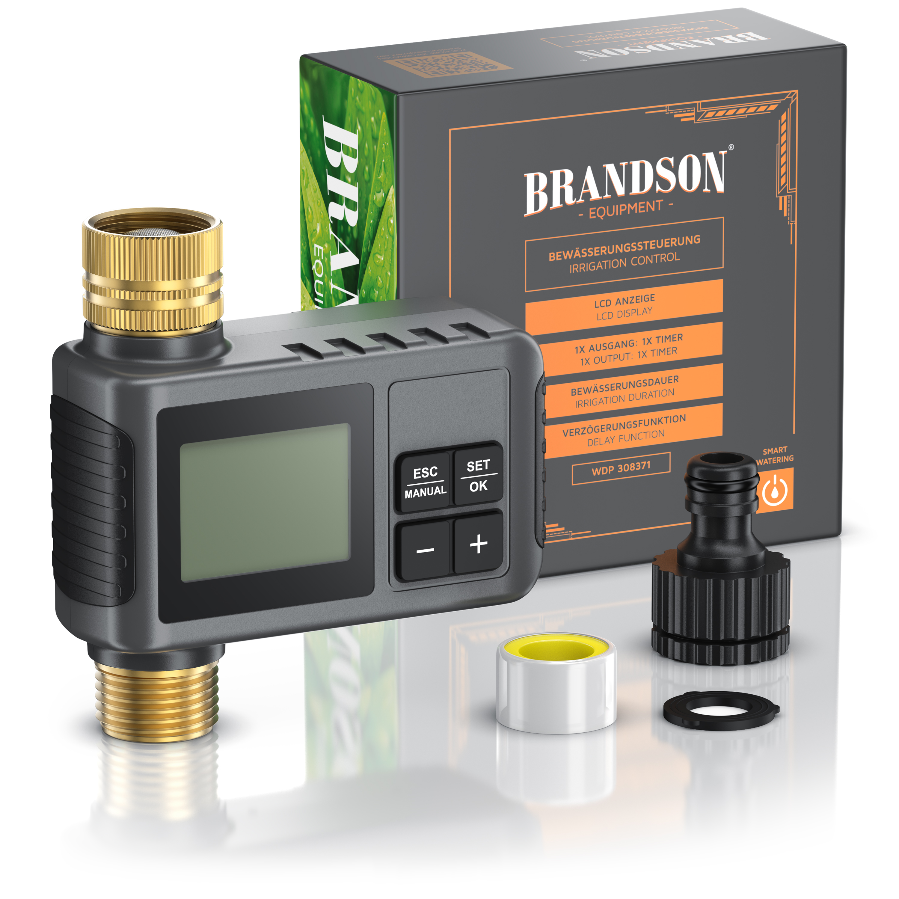 Brandson Bewässerungssteuerung mit LCD-Display, Tastenfeld und Zubehörteilen in der Verpackung.