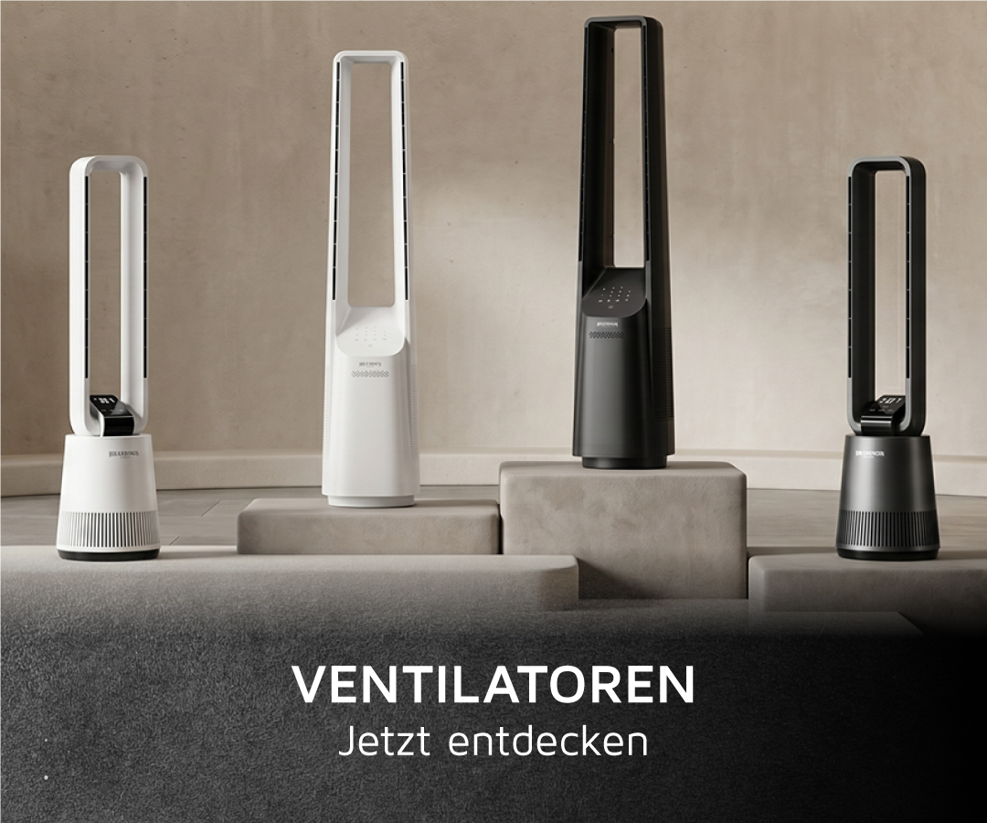 Brandson Turmventilator in Schwarz und Weiß mit schlanker Bauform, Bedienfeld und Fernbedienung, auf einem modernen Untergrund.
