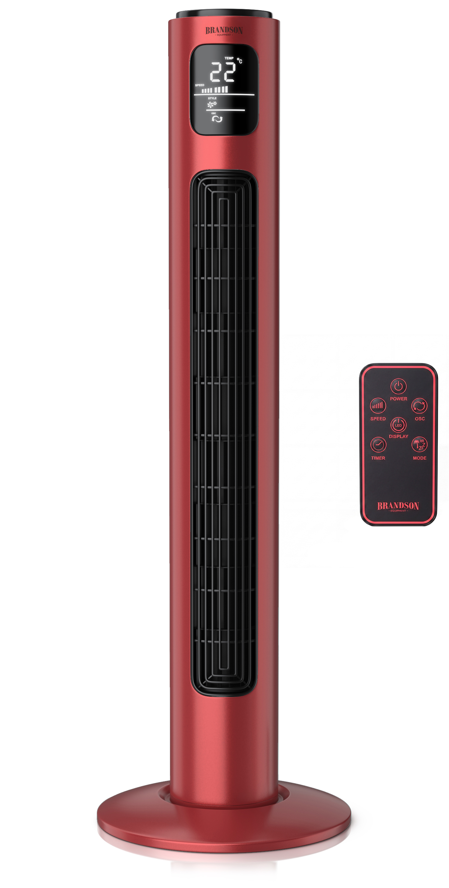 Brandson Turmventilator in Rot mit Digitalanzeige und Fernbedienung, elegantem Design und stabilem Sockel.