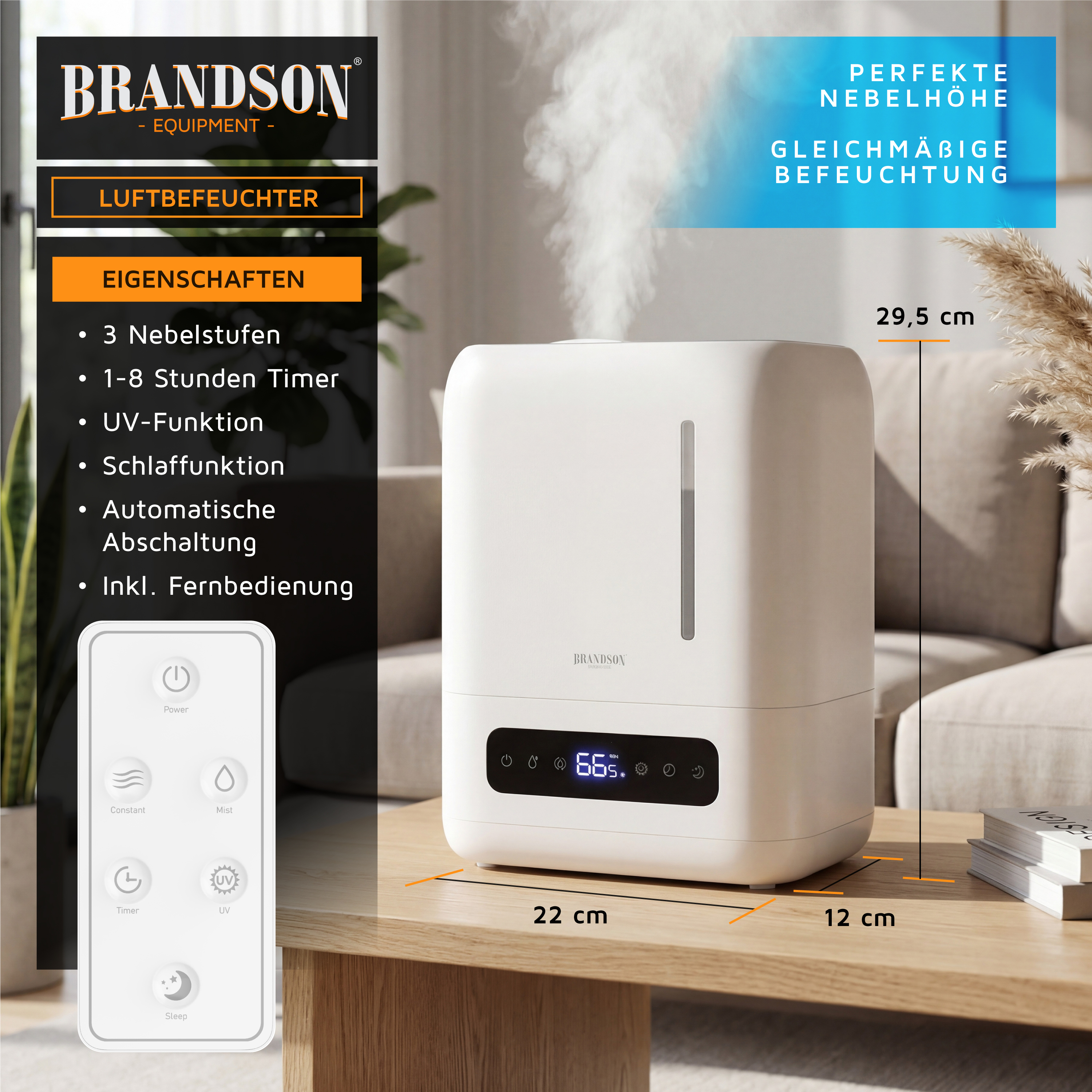 Brandson Luftbefeuchter in Weiß mit digitalem Display, Bedienfeld und Fernbedienung, auf einem Holztisch in einem modernen Wohnraum.