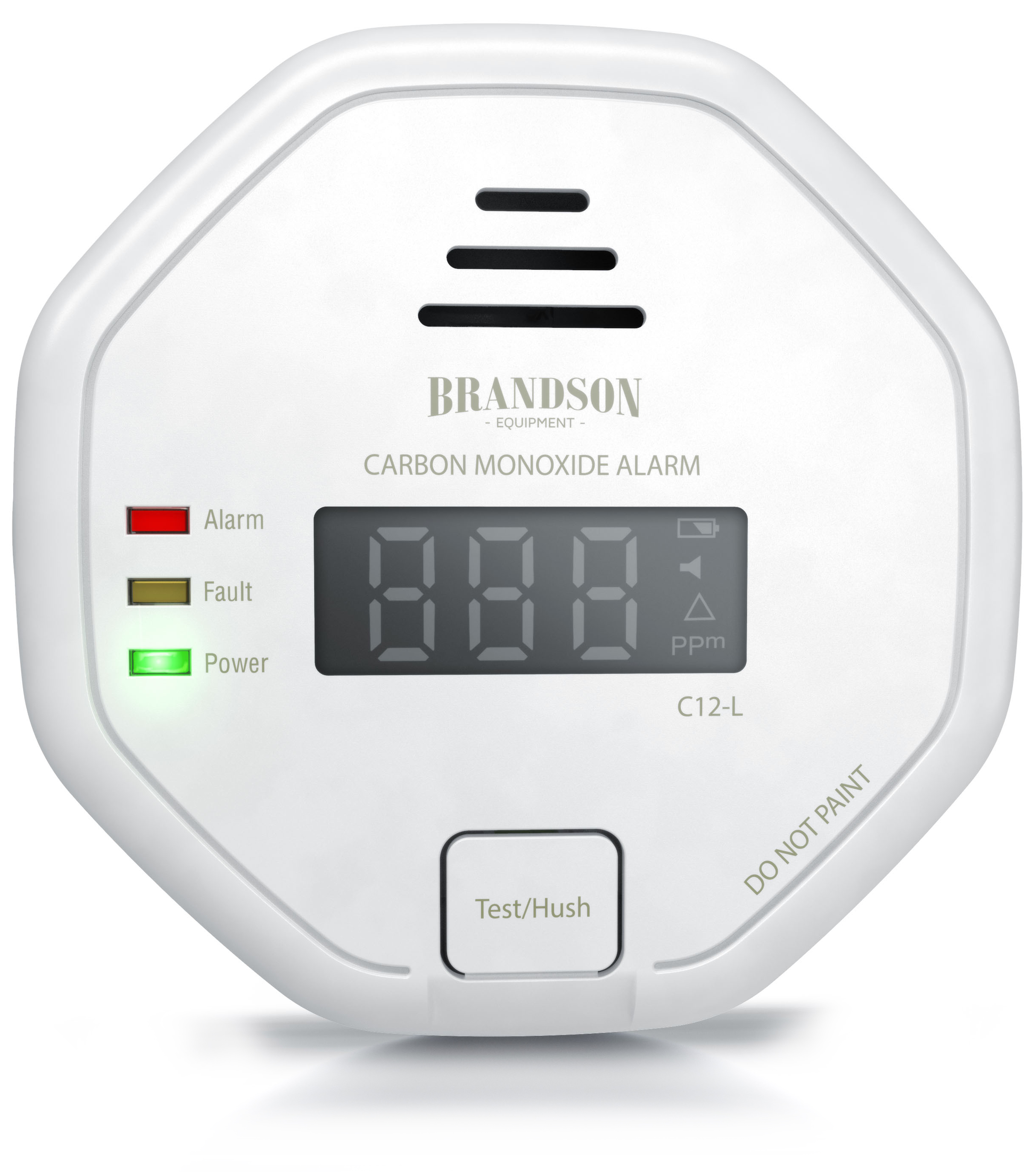 Kohlenmonoxidmelder von Brandson mit Digitalanzeige, Anzeigeleuchten für Alarm, Fehler und Strom sowie einer Testtaste.