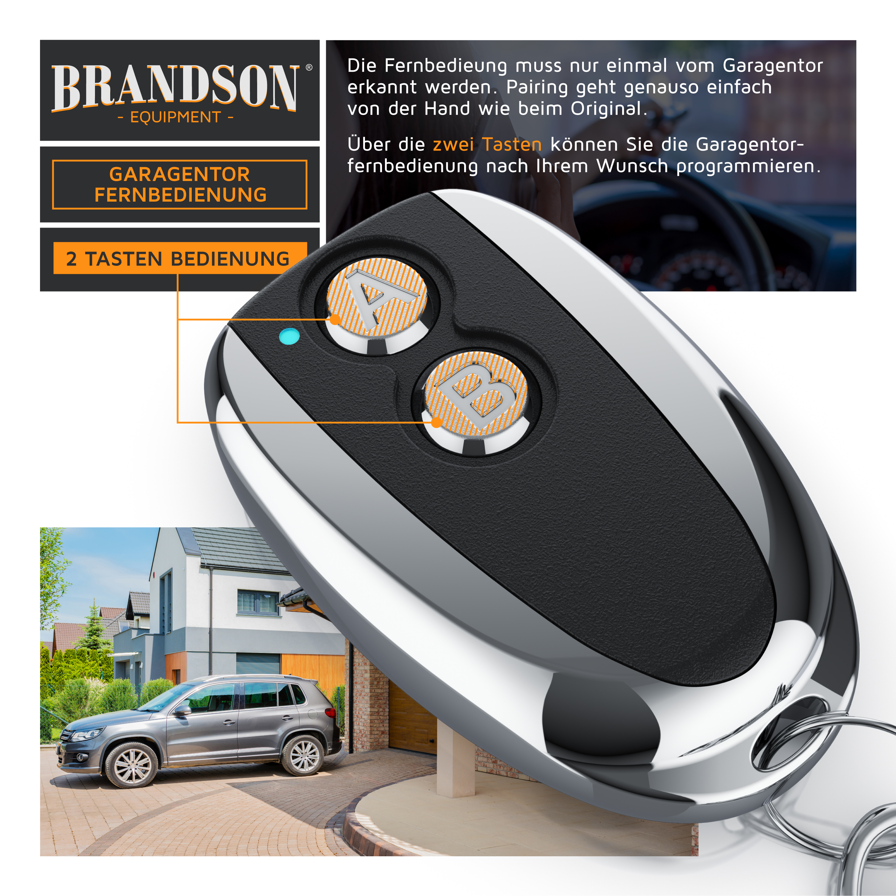 Garagen-Fernbedienung von Brandson mit zwei Tasten, elegantem Design und Chromakzenten, geeignet für einfache Programmierung.