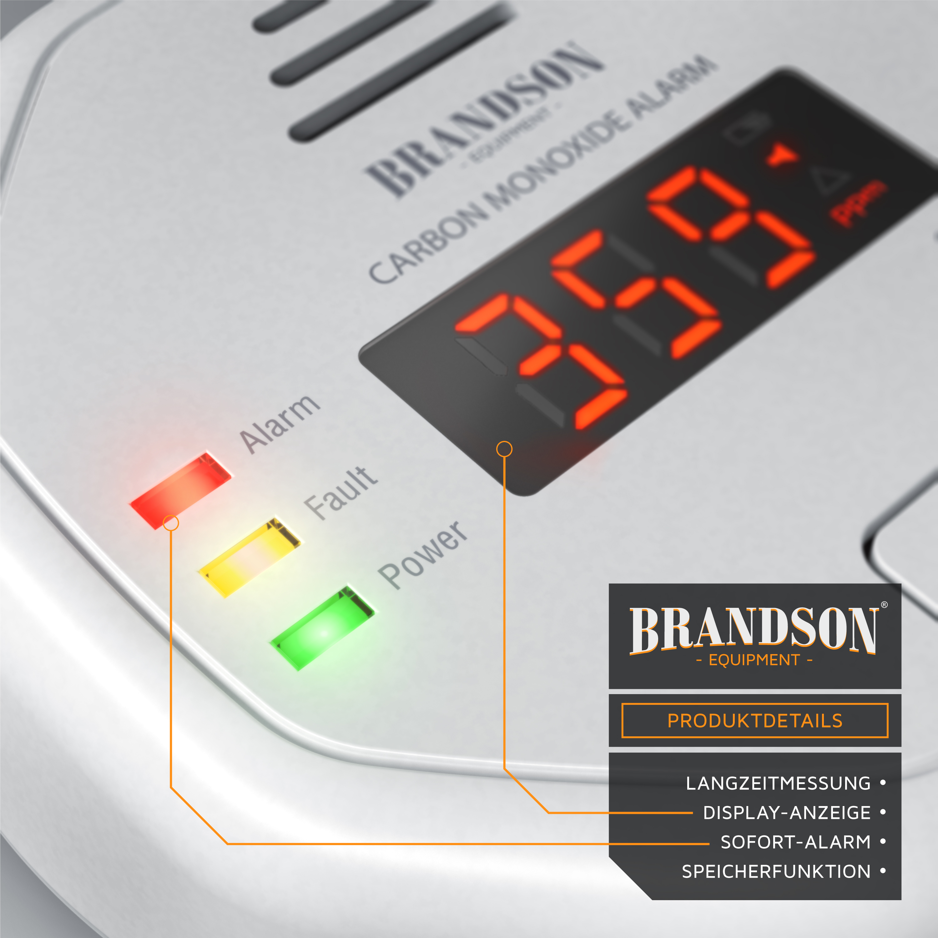 Brandson Kohlenmonoxid-Alarm mit digitalem Display, Alarm- und Fehleranzeigen in rot, gelb und grün, kompakte Bauform in silber.