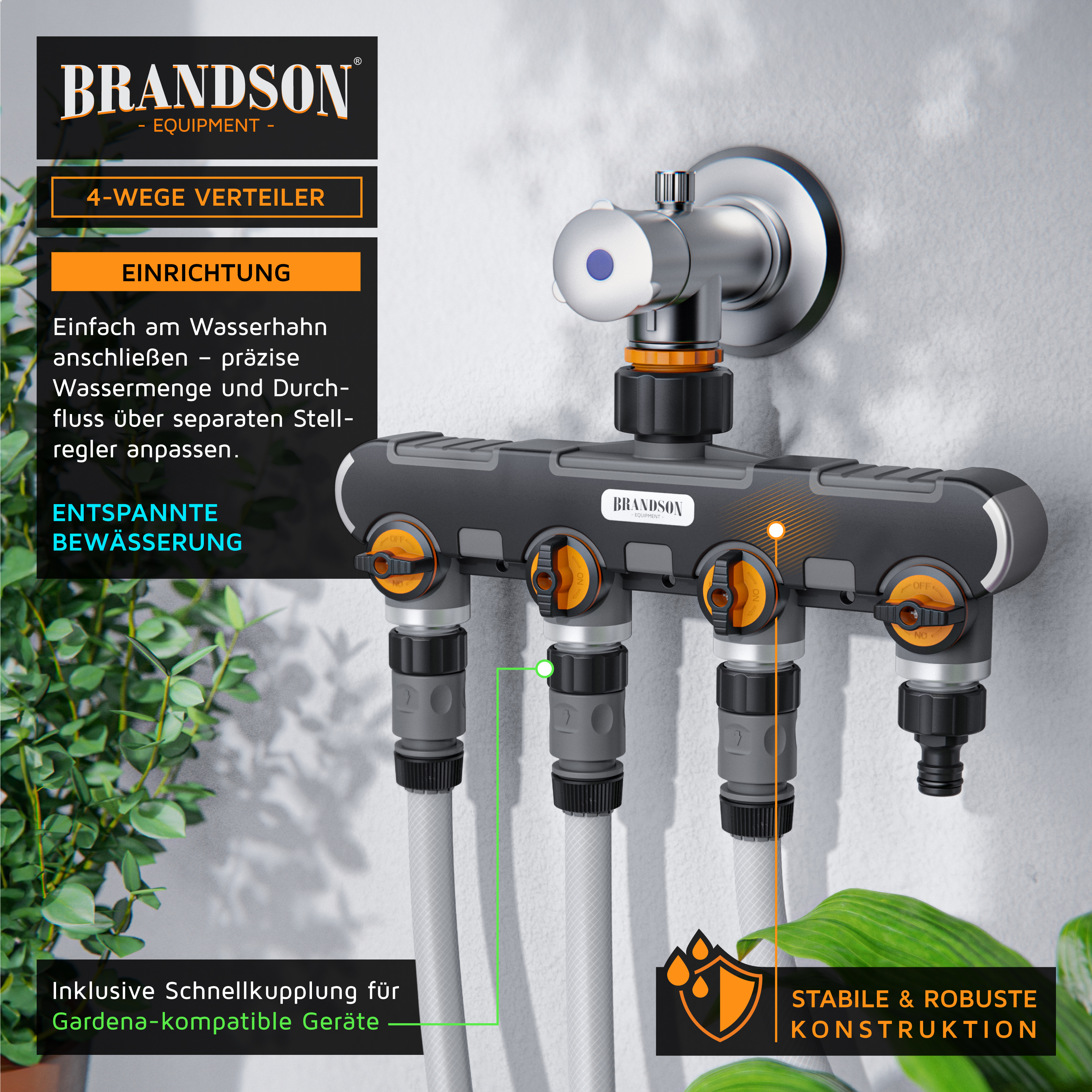 Brandson 4-Wege-Verteiler mit vier verstellbaren Ausgängen, Design in Schwarz und Orange, einfacher Anschluss an den Wasserhahn für präzise Wasserflusskontrolle.