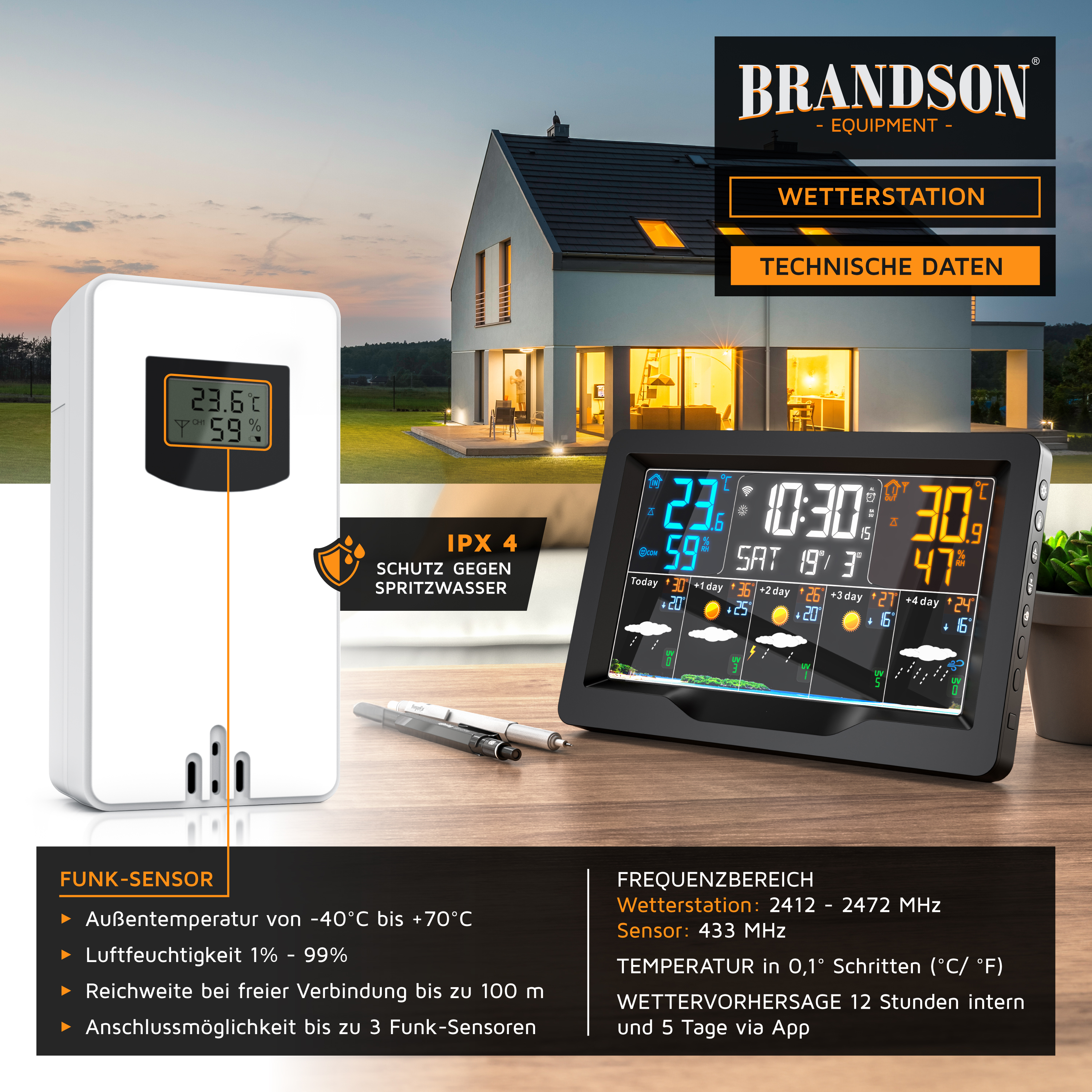 Brandson Wetterstation mit großem Farbdisplay, Temperatur- und Luftfeuchtigkeitsanzeige, Funk-Sensor und IPX4 Spritzwasserschutz.