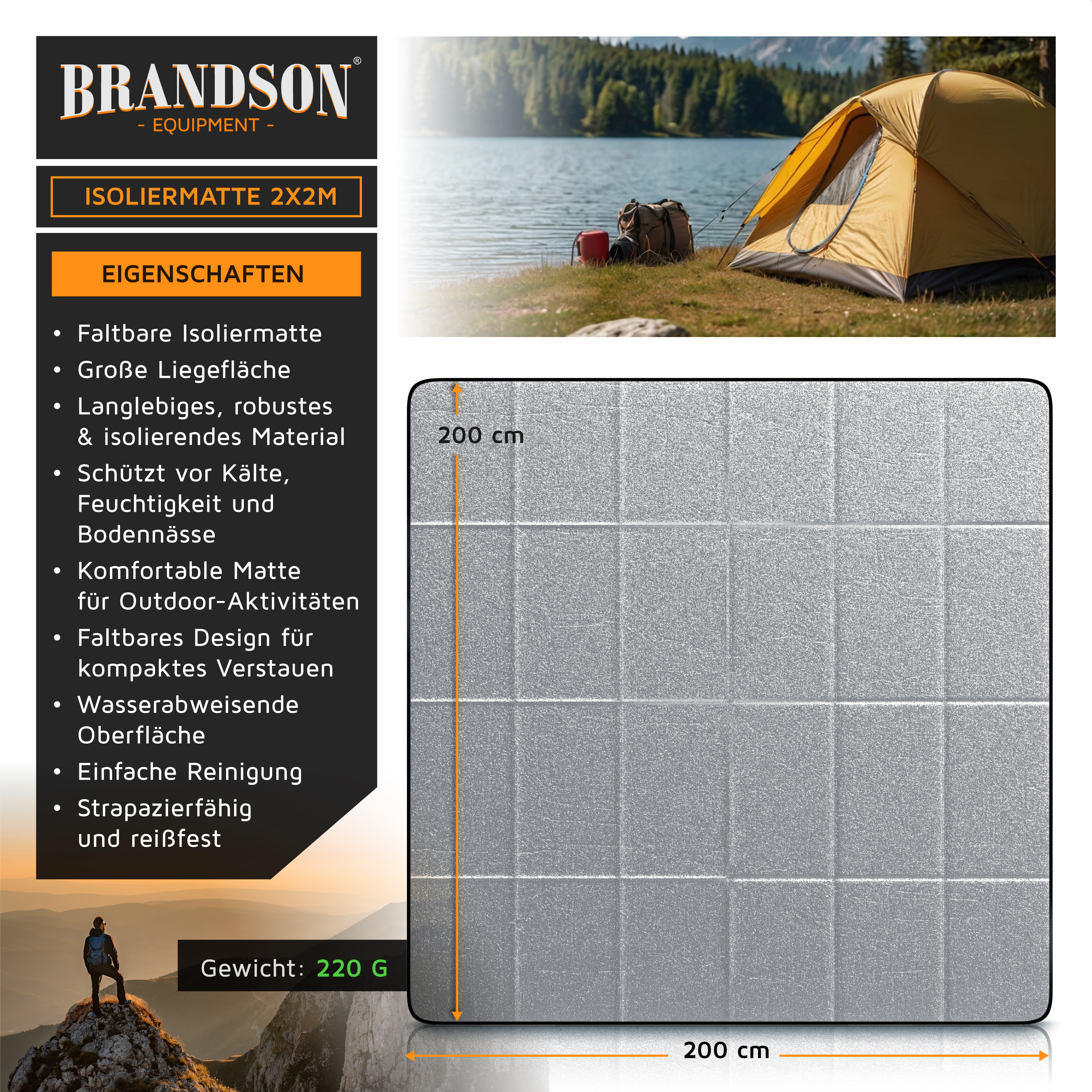 Brandson Isoliermatte 2x2m in Silber, faltbar, robustes Material, ideal für Outdoor-Aktivitäten, schützt vor Kälte und Feuchtigkeit.