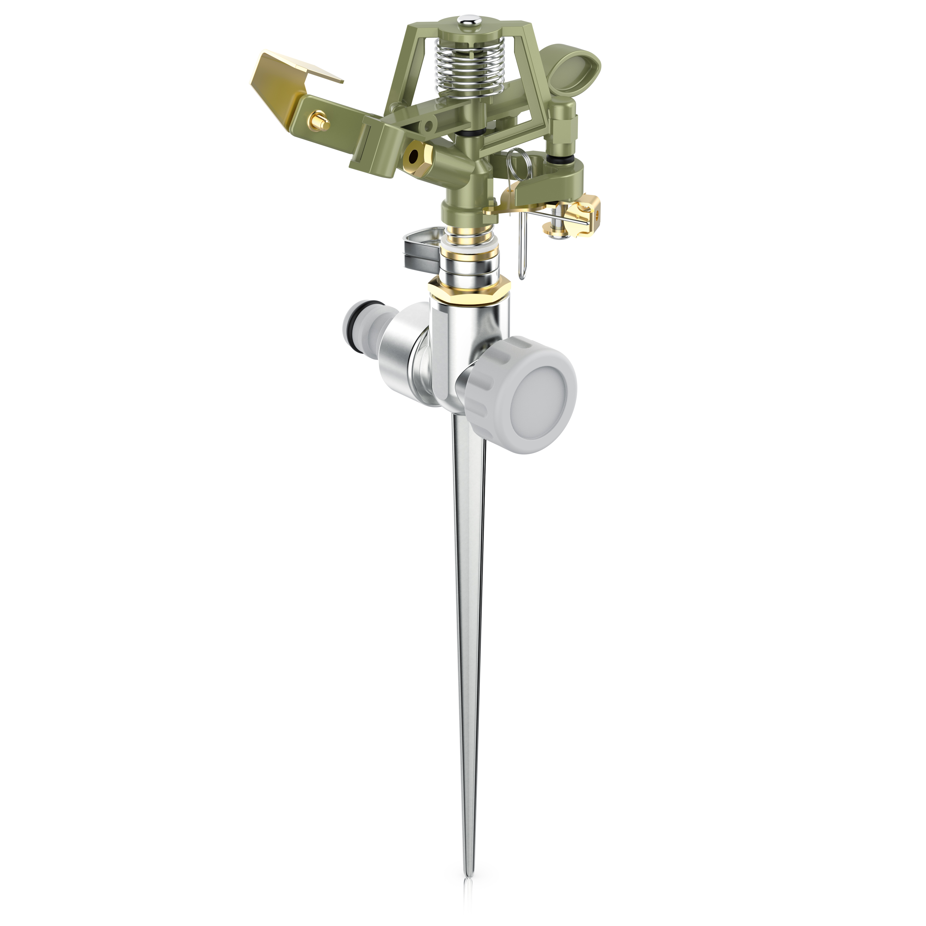 Brandson Sprinkler mit einem stabilen Metallspieß, einstellbarem Wasserstrahl und grünem Kunststoffgehäuse für den Garten.