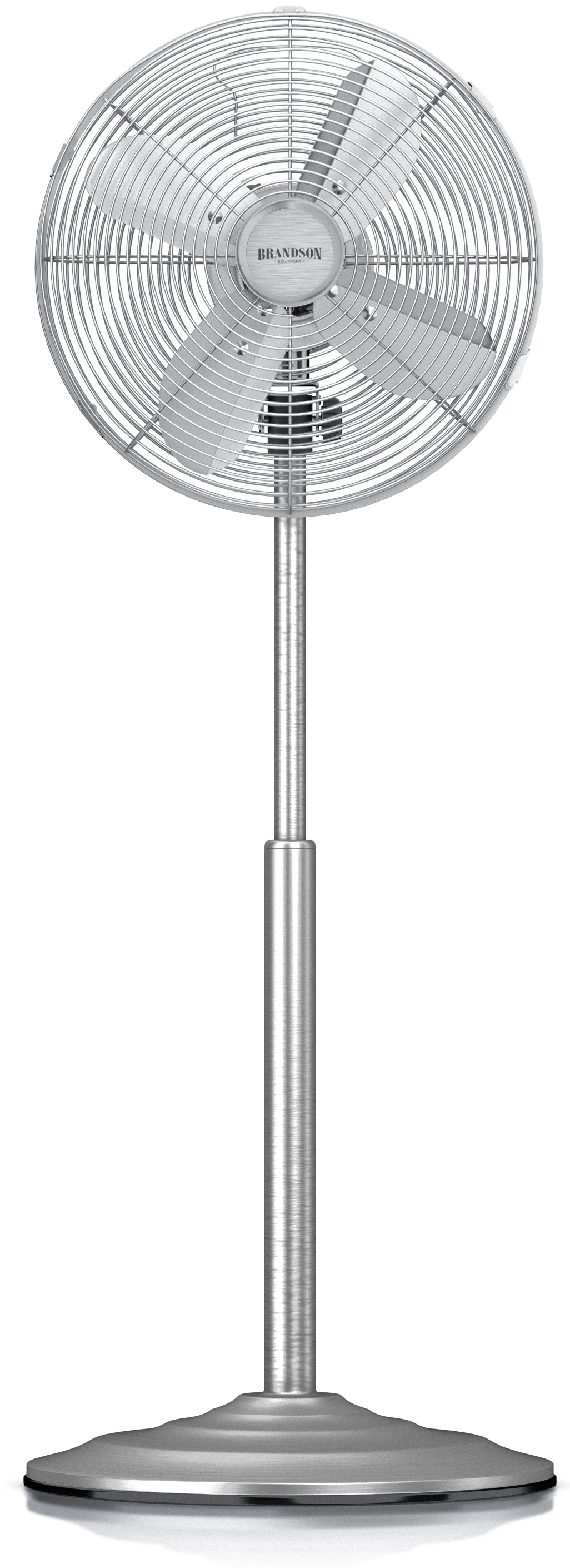 Standventilator von Brandson mit elegantem silbernen Design, Metallsockel und einstellbarer Höhe sowie sichtbarem Bedienfeld.