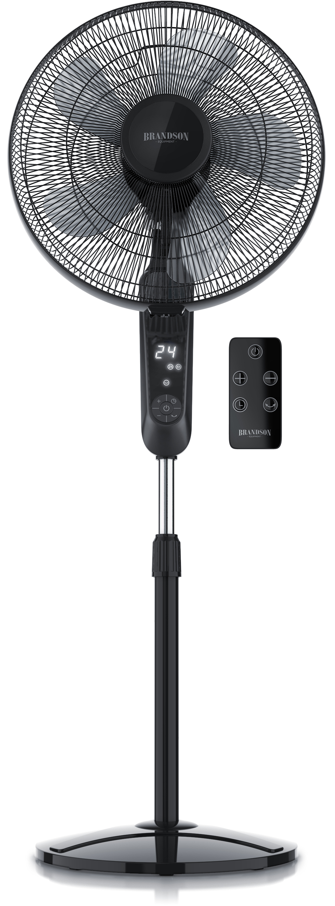 Brandson Standventilator in Schwarz mit elegantem Design, Digitalanzeige, Fernbedienung und einstellbarer Höhe.