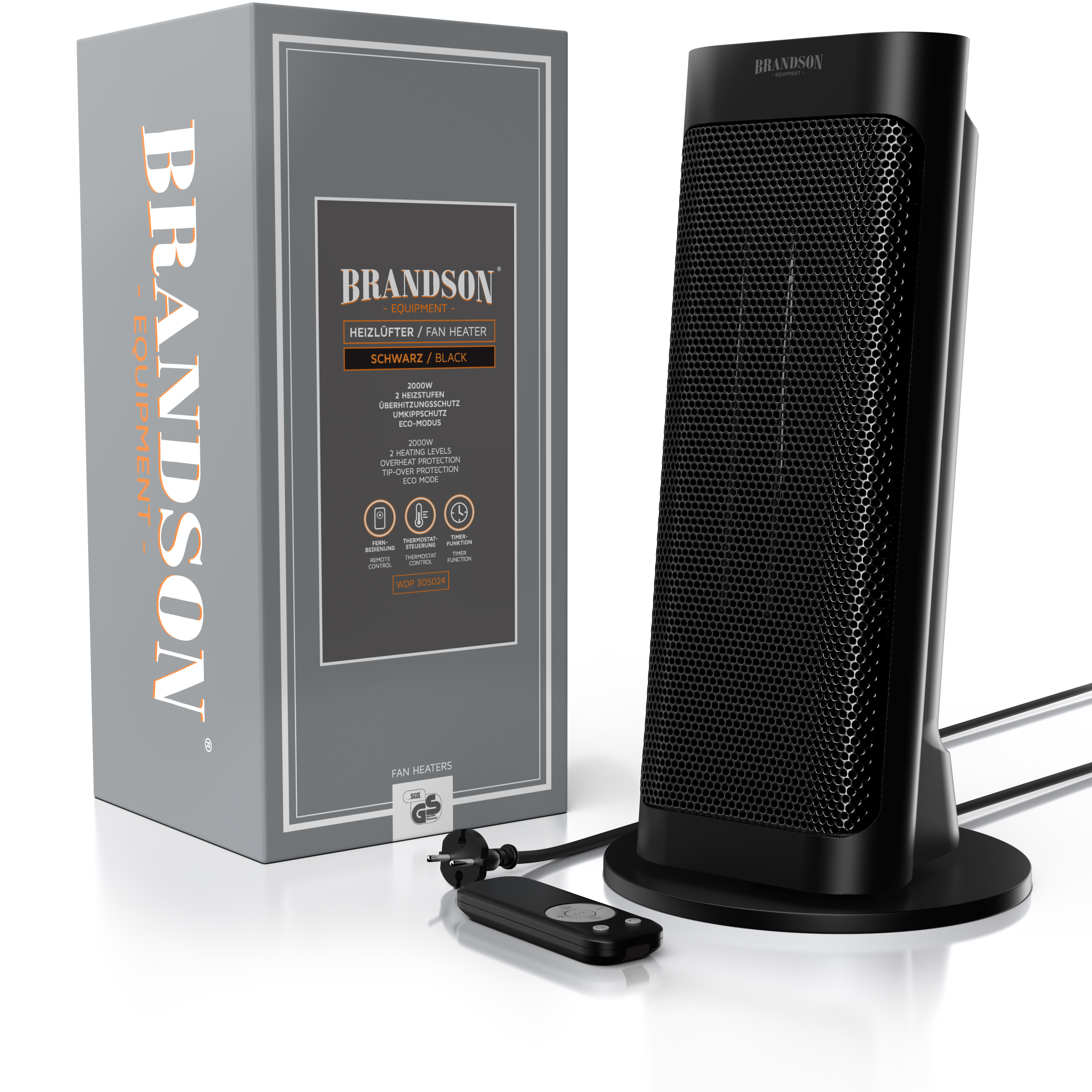 Brandson-Heizlüfter in Schwarz mit elegantem Design, inklusive Bedienfeld und Fernbedienung sowie Verpackung.