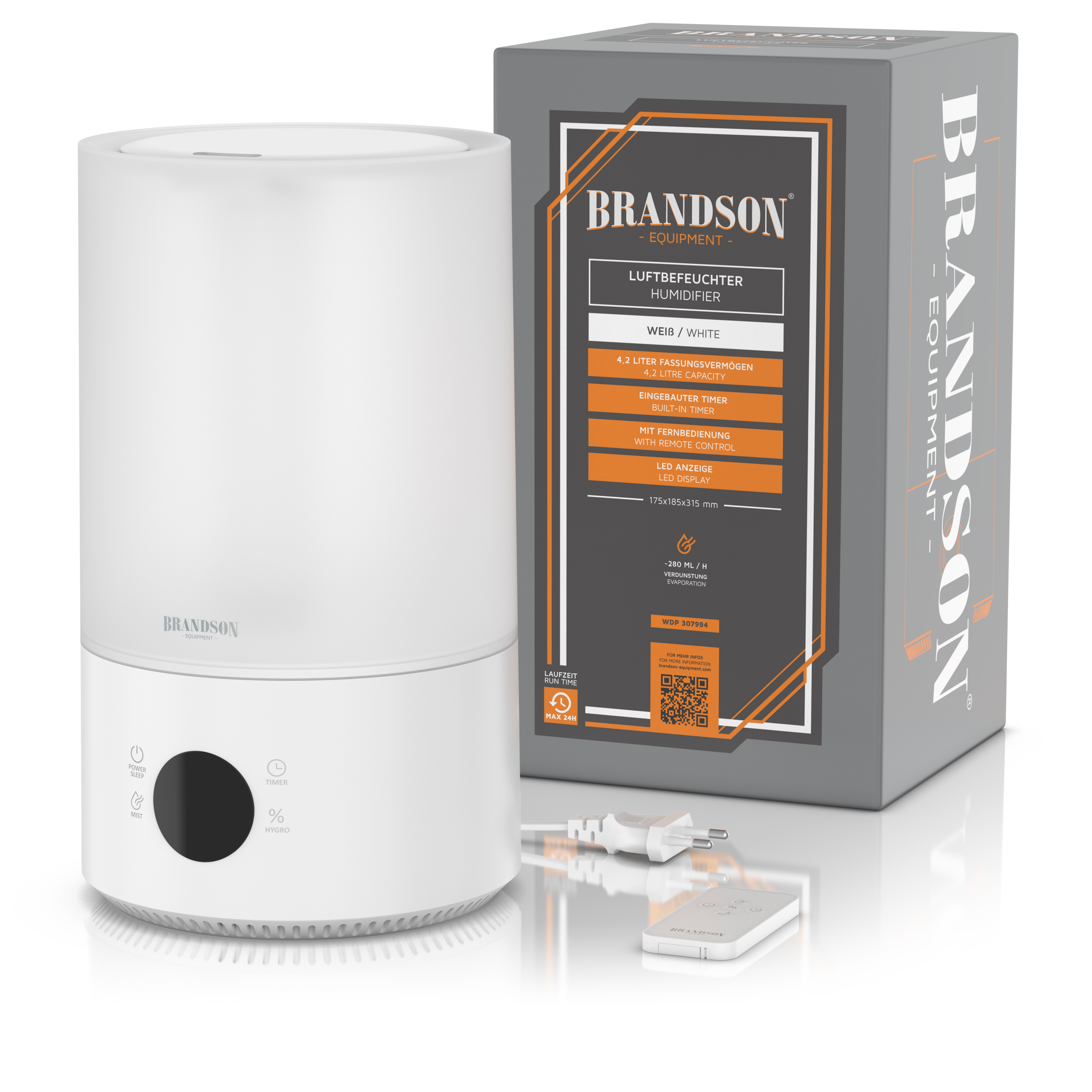 Brandson-Luftbefeuchter in Weiß mit rundem Design, LED-Anzeige, Bedienfeld und Fernbedienung, verpackt in einer Markenbox.