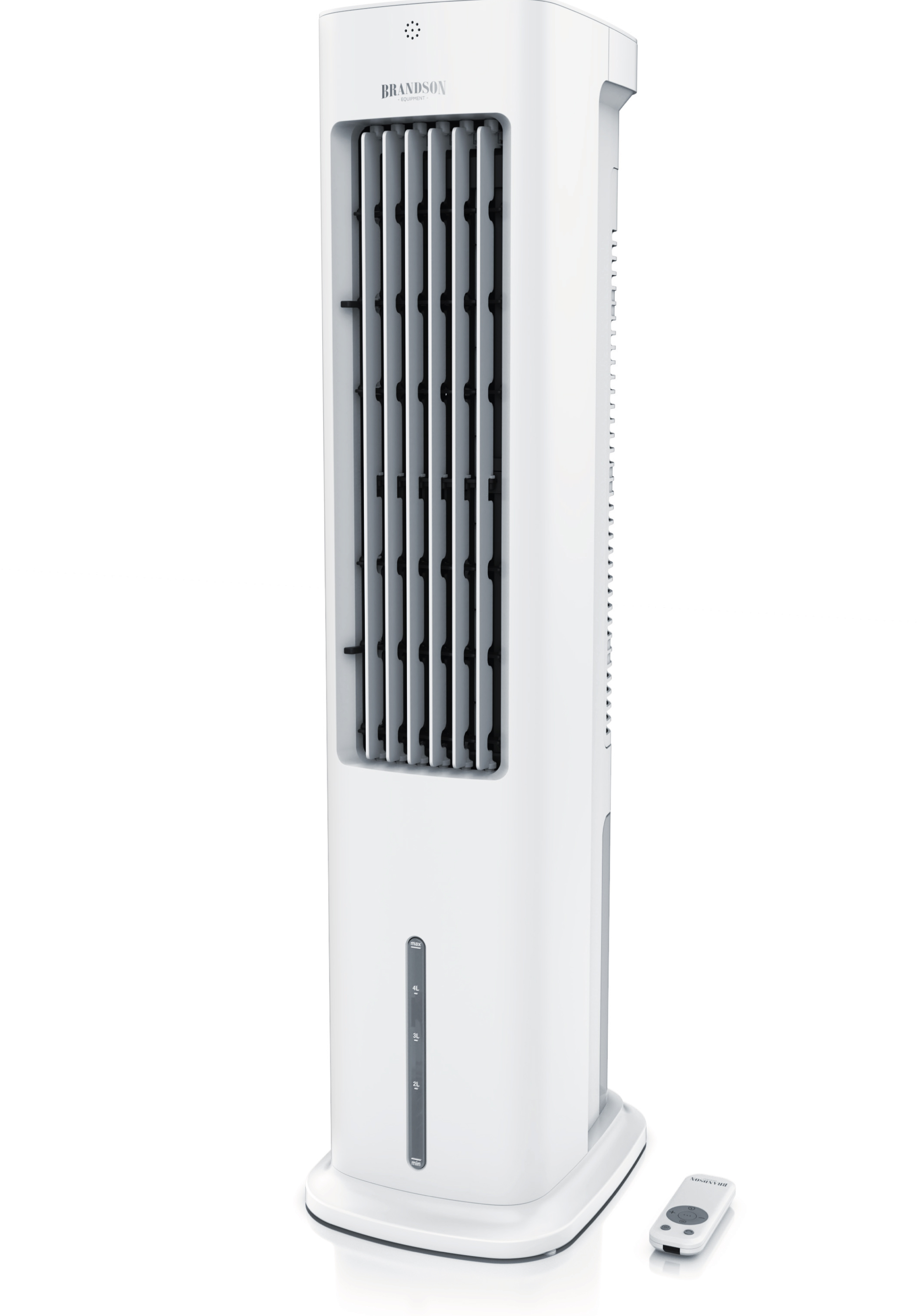 Brandson Turmventilator in Weiß mit elegantem Design, Bedienfeld und Fernbedienung, ideal zum Kühlen von Innenräumen.