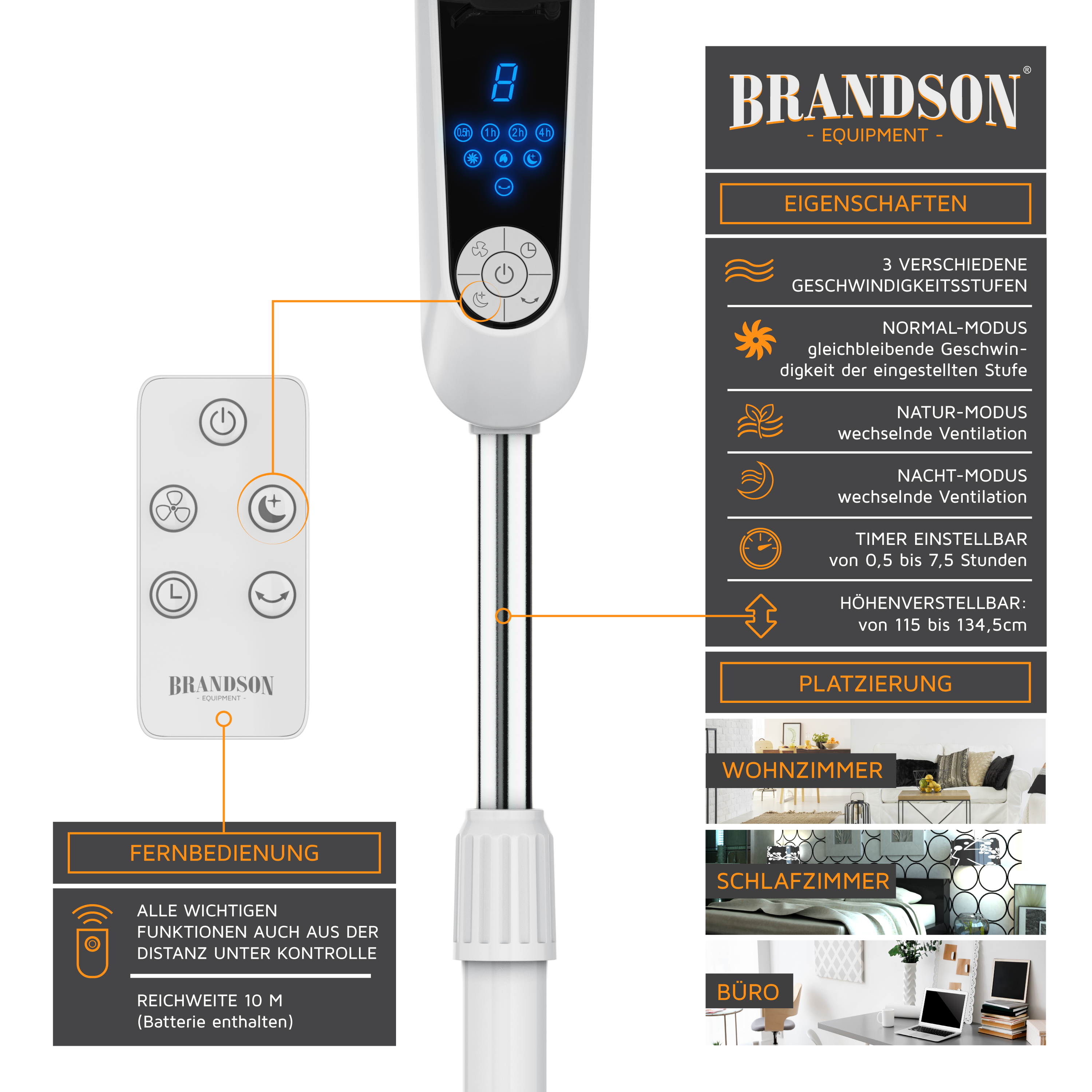 Turmventilator von Brandson mit schlankem Design, Digitalanzeige, Fernbedienung und einstellbarer Höhe von 115 bis 134,5 cm.
