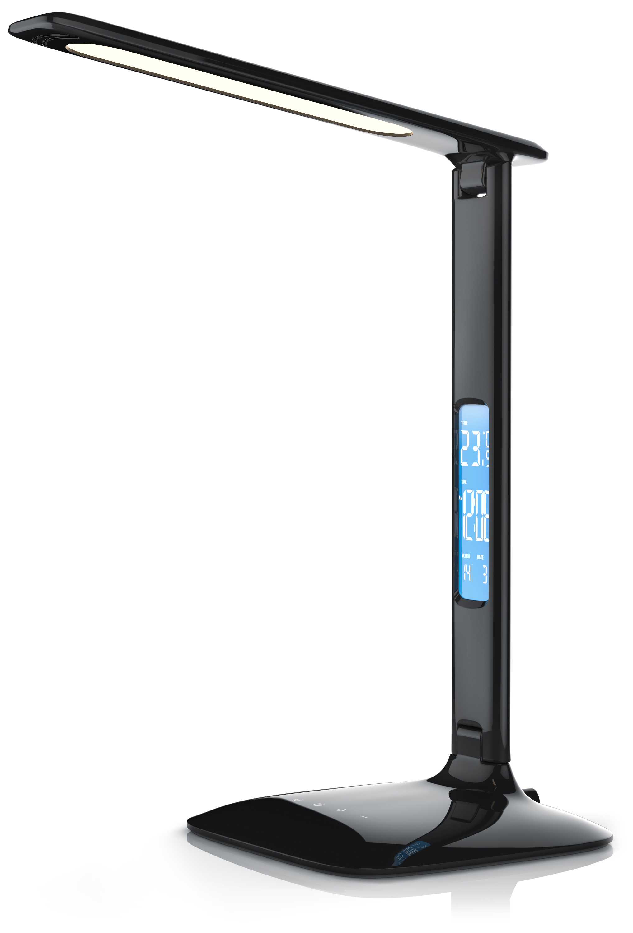Brandson Tischlampe in Schwarz mit flexibler Bauform, digitalem Display und Touch-Bedienfeld für individuelle Lichtsteuerung.