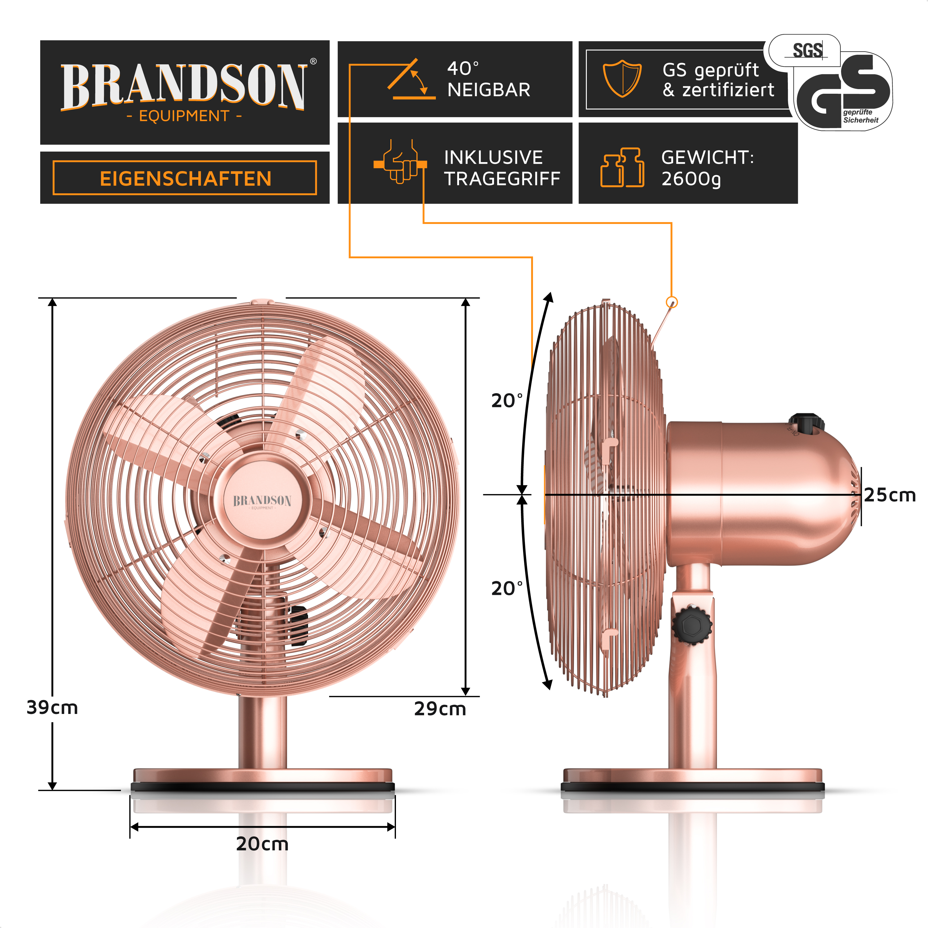 Brandson Standventilator in Roségold mit neigbarem Kopf, Traggriff und stabiler Basis, ideal für den Einsatz zu Hause.