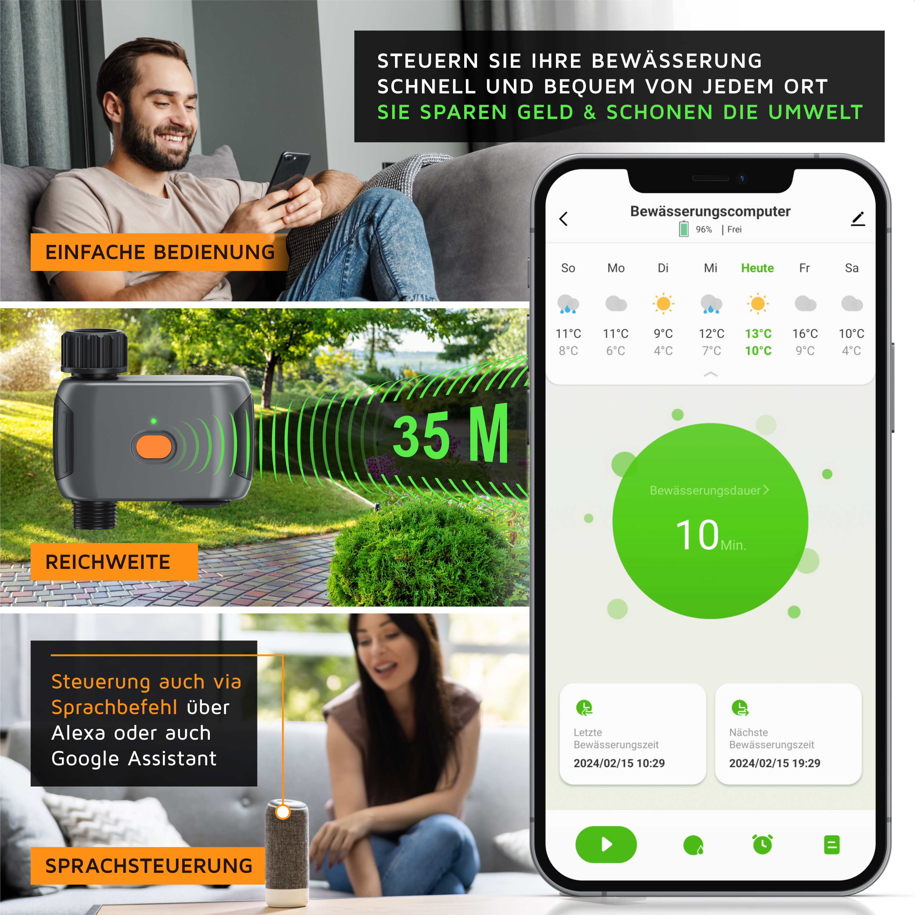 Brandson Bewässerungscomputer mit einfacher Bedienung, Reichweite von 35 m, Steuerung über Smartphone oder Sprachbefehle.
