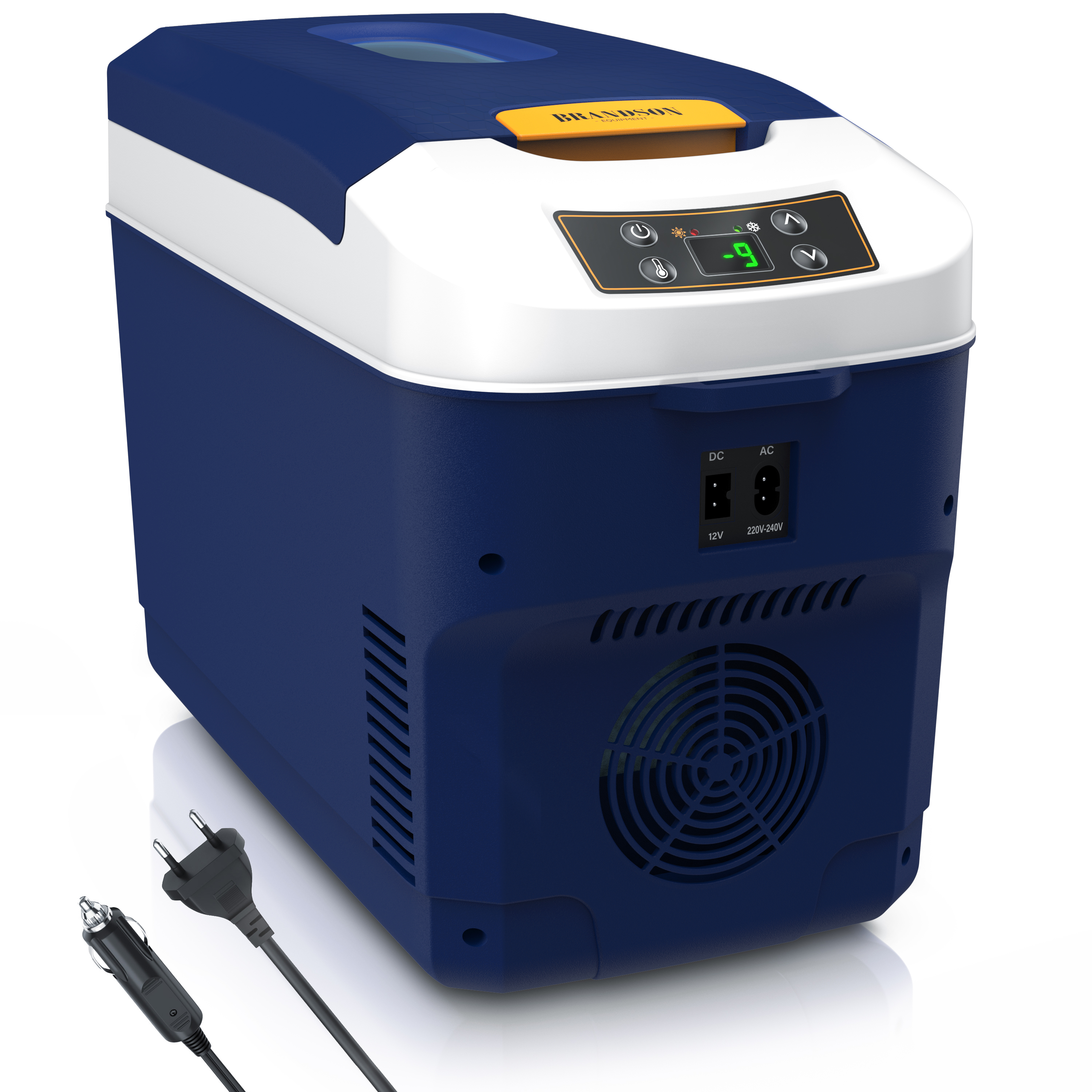 Brandson elektrische Kühlbox in Blau mit Bedienfeld, Sichtfenster und zwei Anschlussmöglichkeiten für DC und AC.