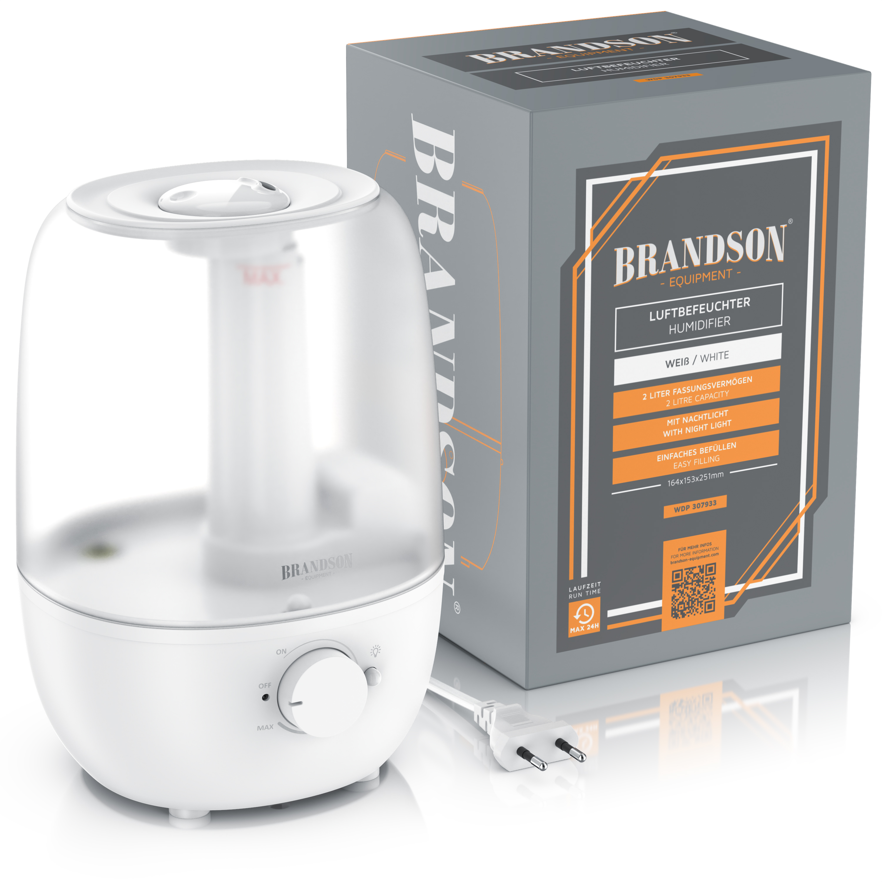 Luftbefeuchter von Brandson in Weiß mit transparentem Wassertank, Drehregler und Verpackung mit Produktdetails.
