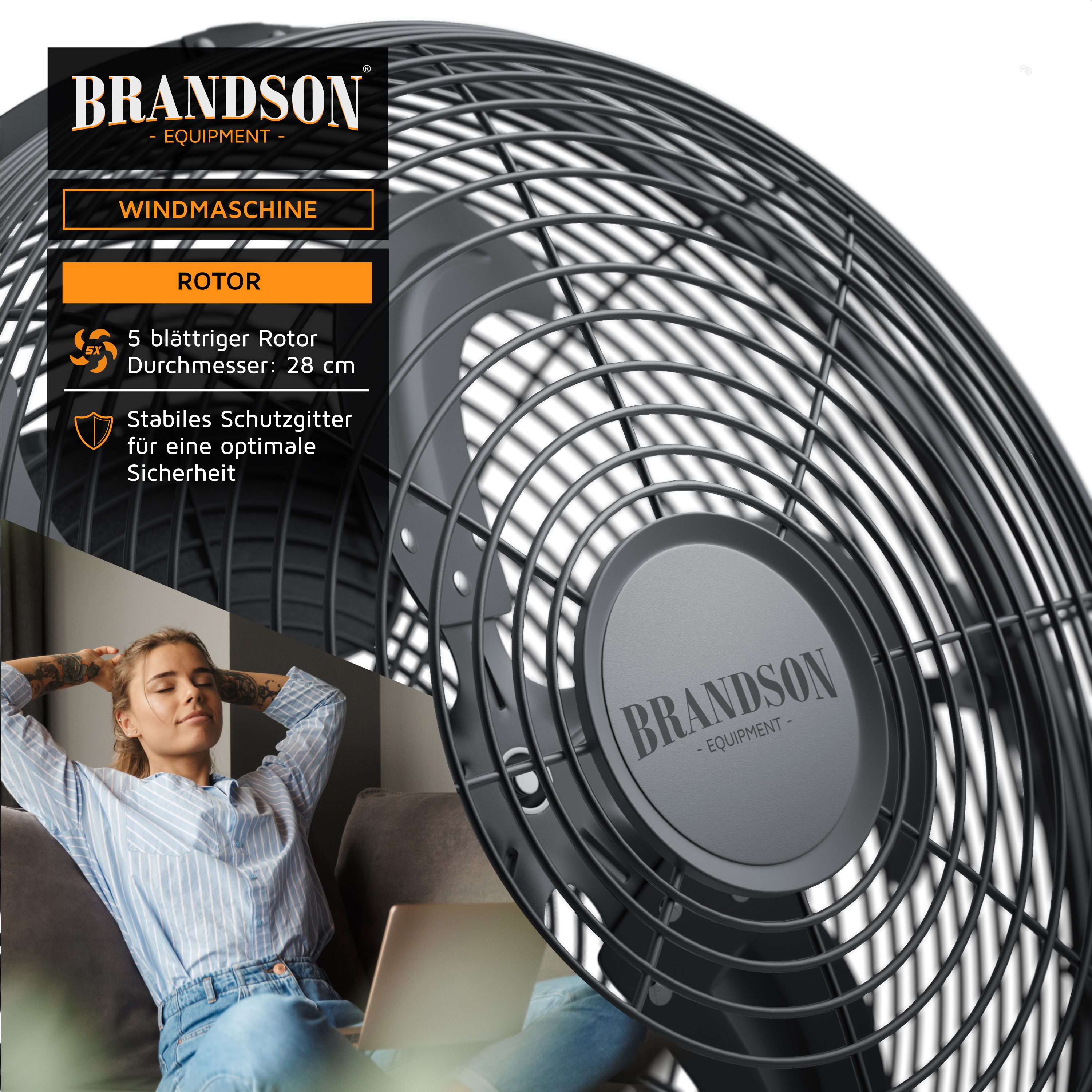 Brandson-Windmaschine mit 5-Blatt-Rotor und stabilem Schutzgitter, gezeigt in einer häuslichen Umgebung mit einem entspannten Benutzer.